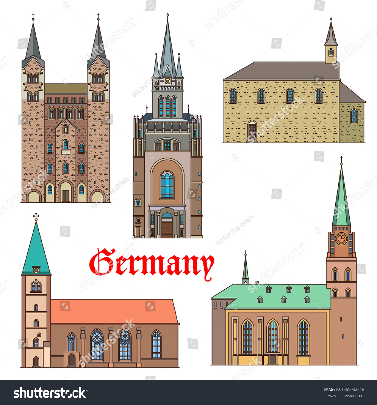 SVG of Germany landmark buildings, architecture castles, gothic palaces and churches, vector. Marienkirche in Lemgo, Hoxter Corvey Abbey, St Nikolai chapel in Soest, Bielefeld church and Aachen Pfalz palace svg