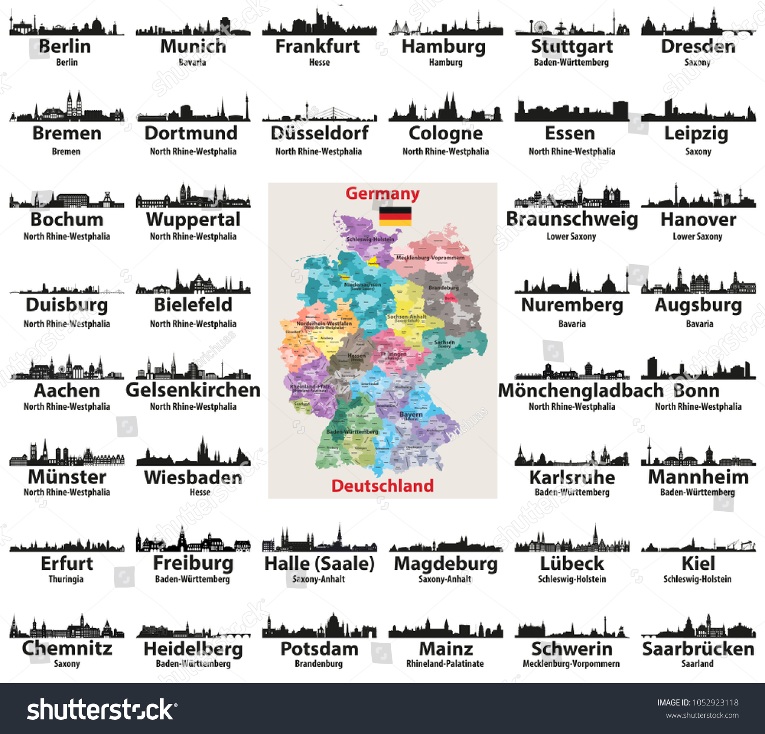 SVG of Germany map with largest cities skylines silhouettes vector set svg