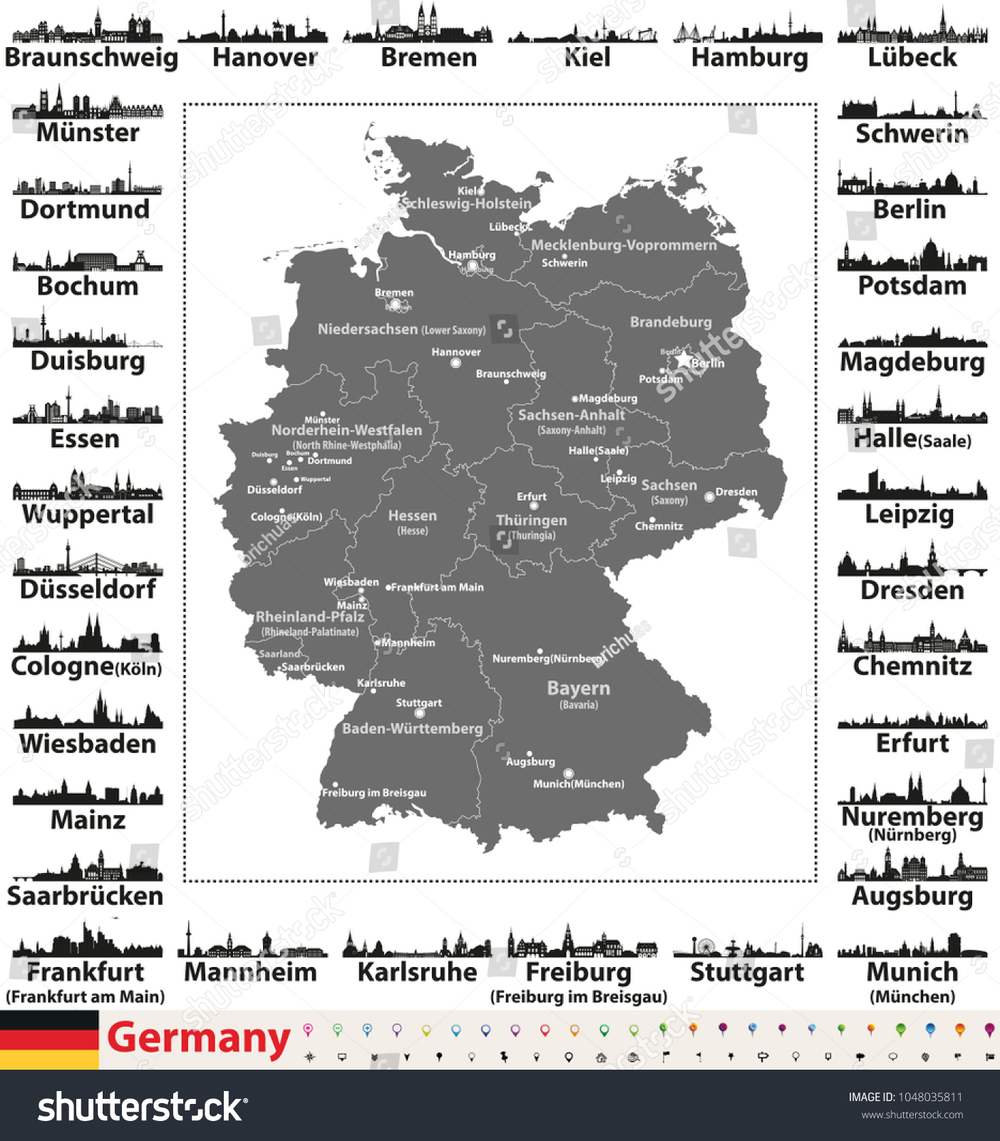 SVG of Germany map with state capitals and largest cities skylines silhouettes svg