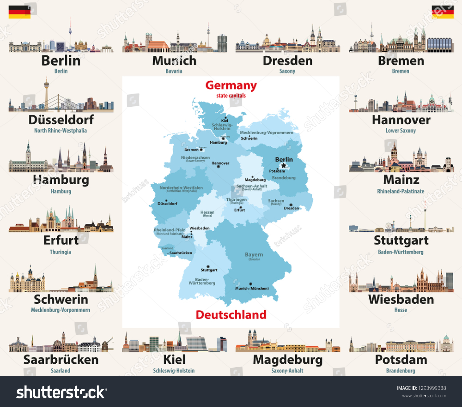SVG of Germany map with state capitals cities skylines vector set svg