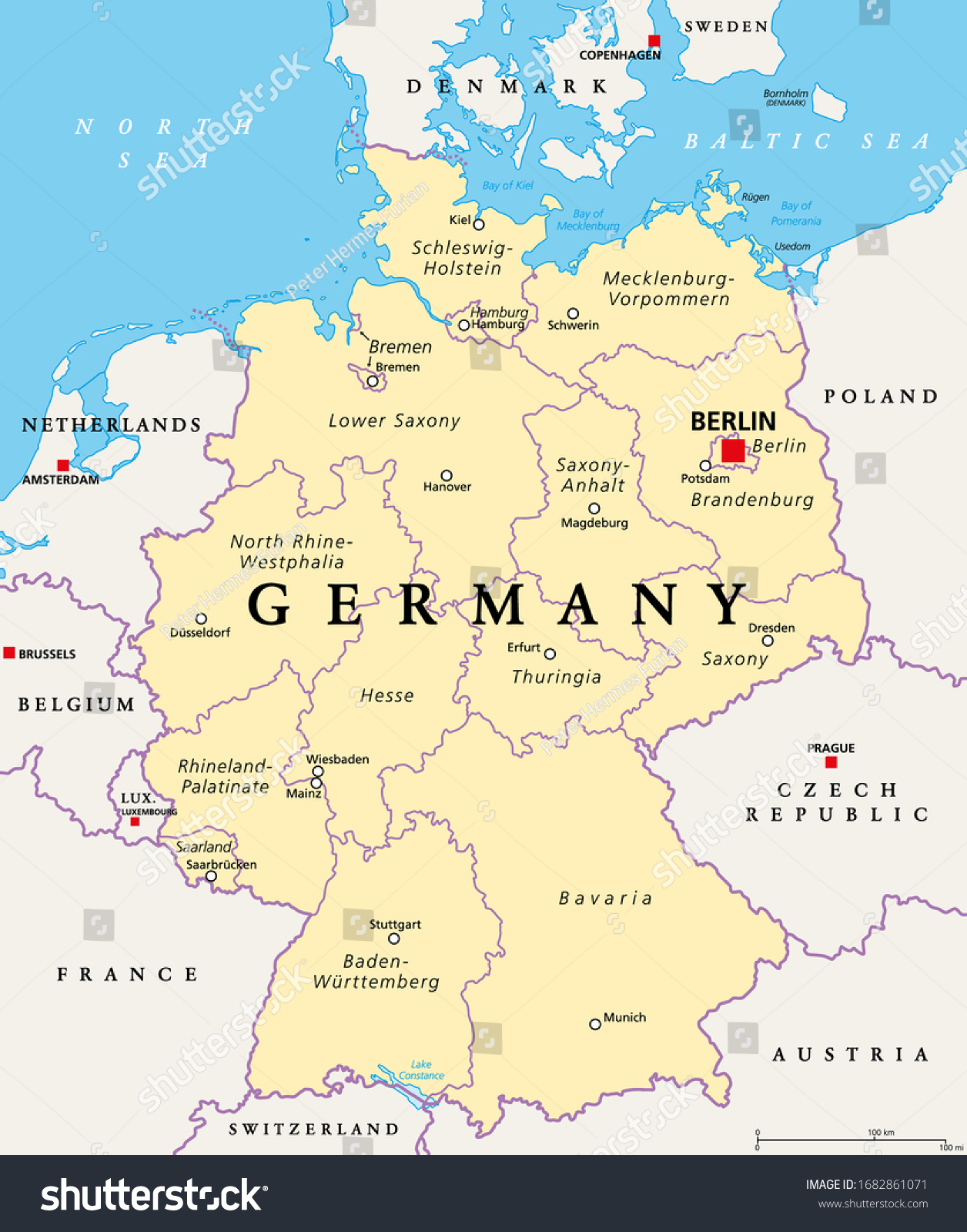 SVG of Germany, political map. States of the Federal Republic of Germany with capital Berlin and 16 partly-sovereign states. Country in Central and Western Europe. English labeling. Illustration. Vector. svg