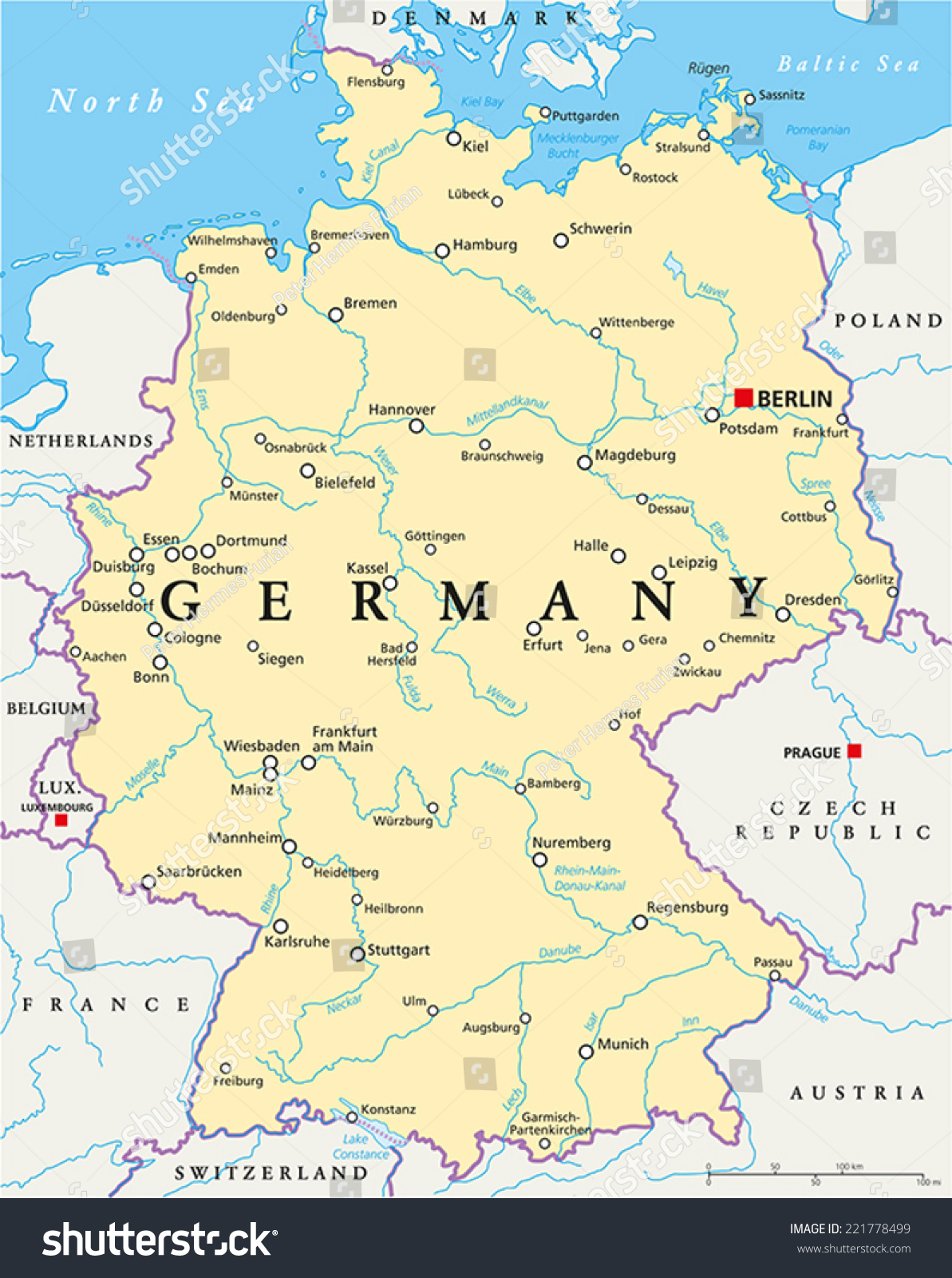 SVG of Germany Political Map with capital Berlin, national borders, most important cities, rivers and lakes. English labeling and scaling. Illustration. svg