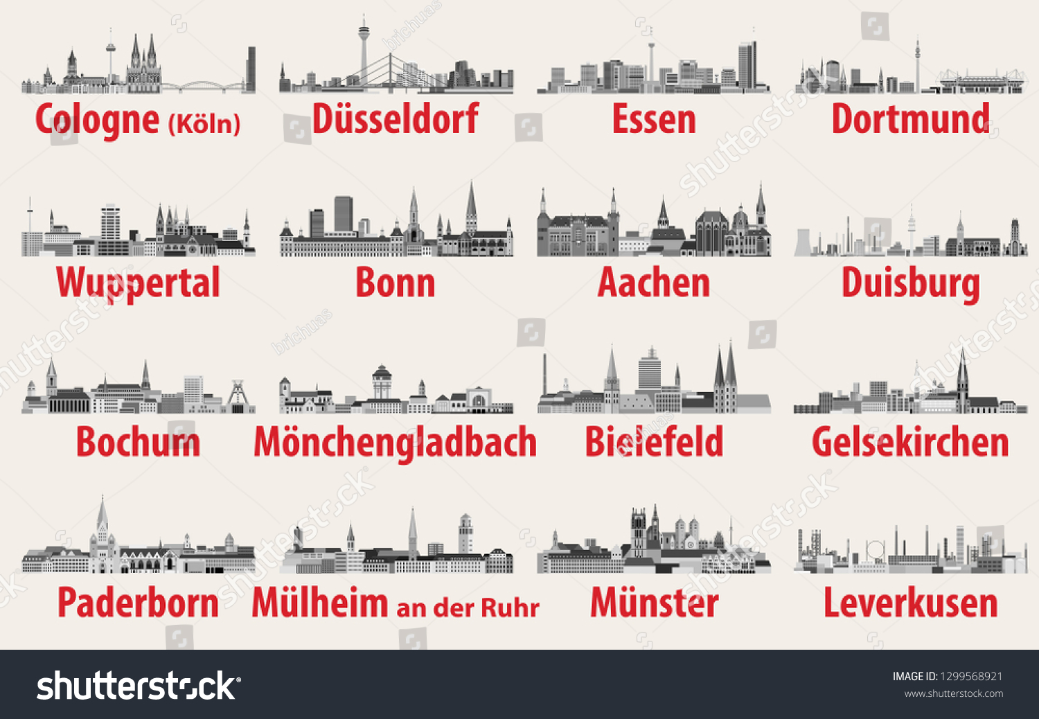 SVG of Germany state North Rhine-Westphalia largest cities skylines in black and white color palette vector set svg