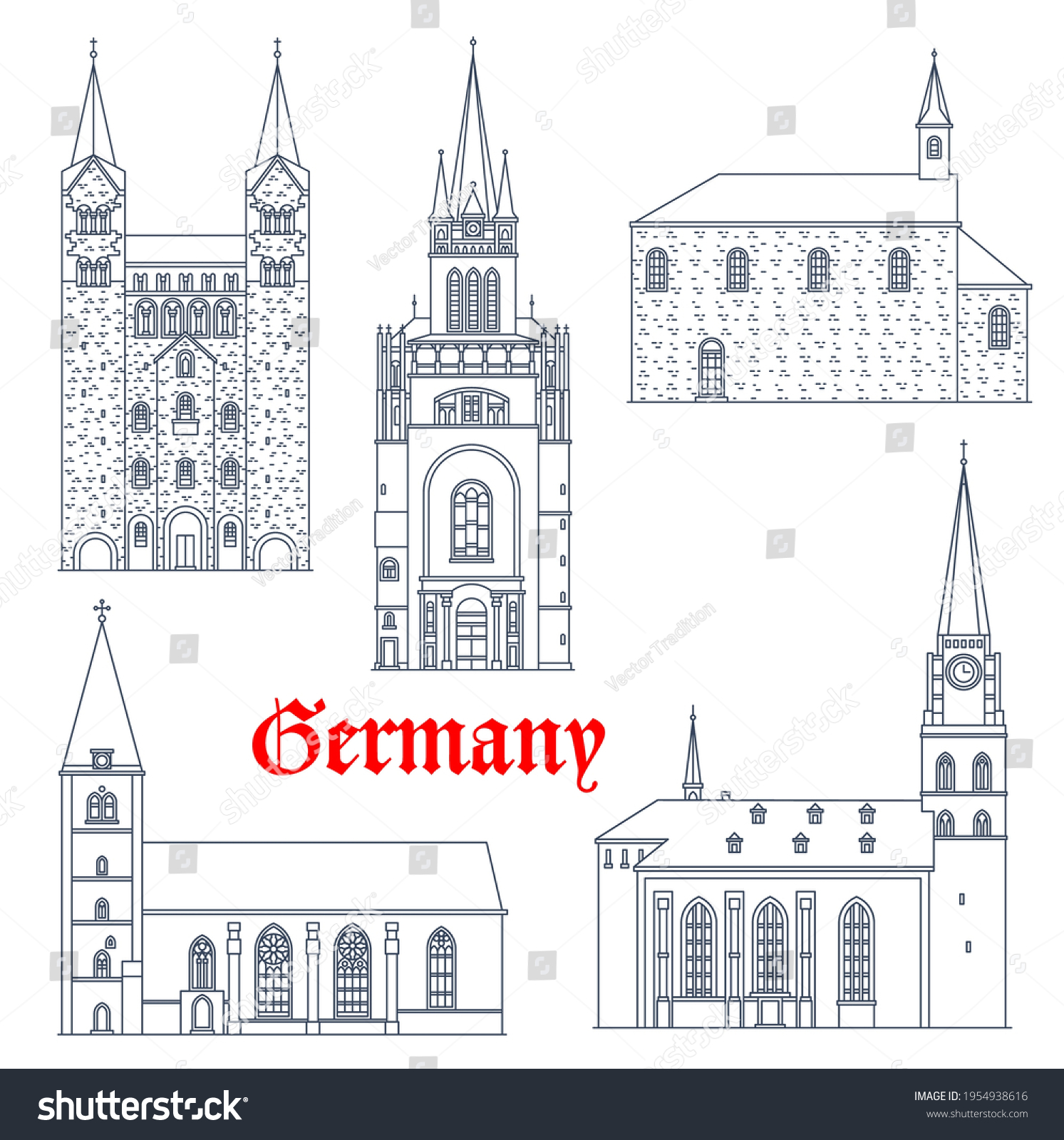 SVG of Germany travel landmarks, gothic castles and cathedrals vector icons, Germany buildings. St Maria church in Lemgo and Bielfeld, Hoxter Corvey Abbey, Saint Nikolai chapel in Soest and Pfalz in Aachen svg