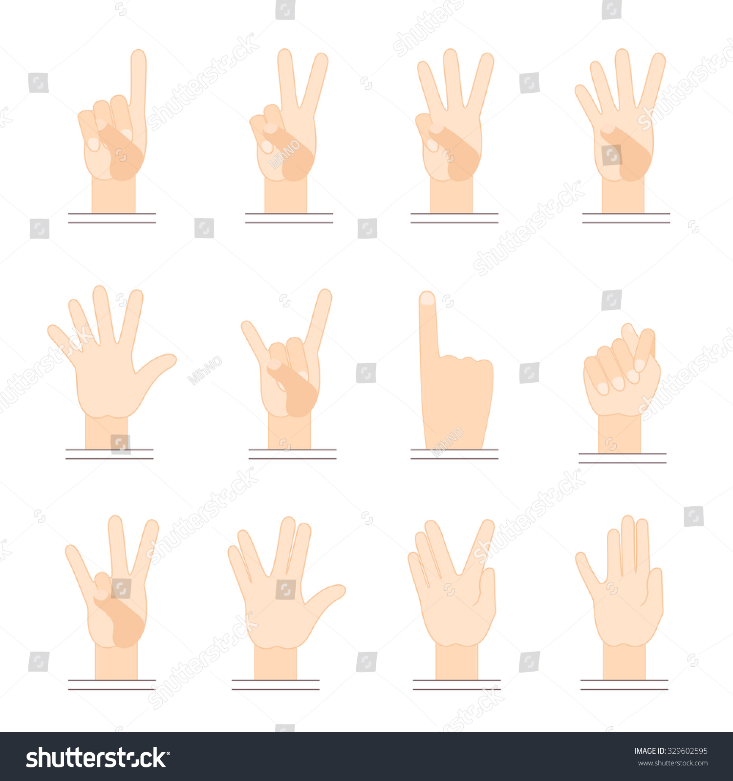 Gestures Of Hands. Flat Design. One Thumbs Up,Two Fingers Up, Three ...