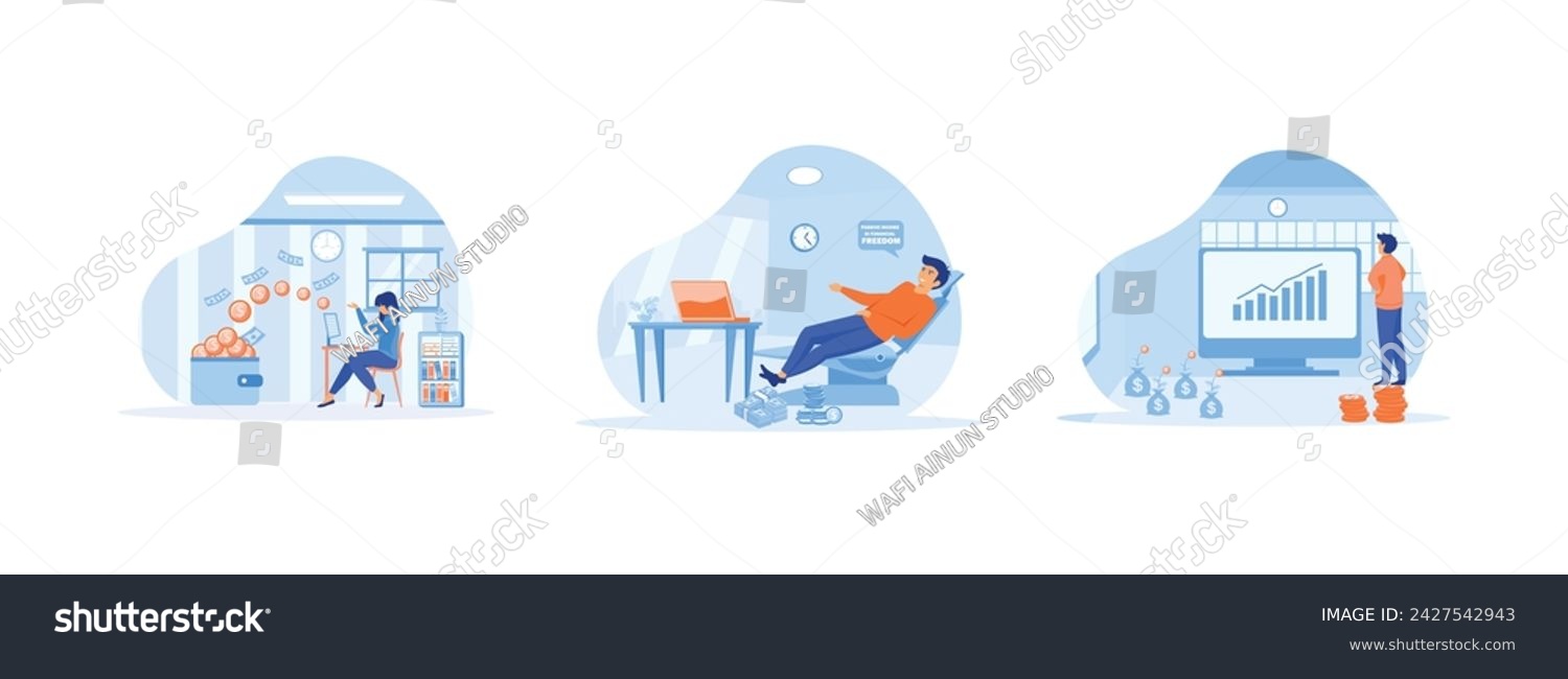 SVG of getting paid from online work, Businessman and passive income flat design, Businessman relaxes waiting for the money to enter his dollar coins. Passive income 2 set flat vector modern illustration svg