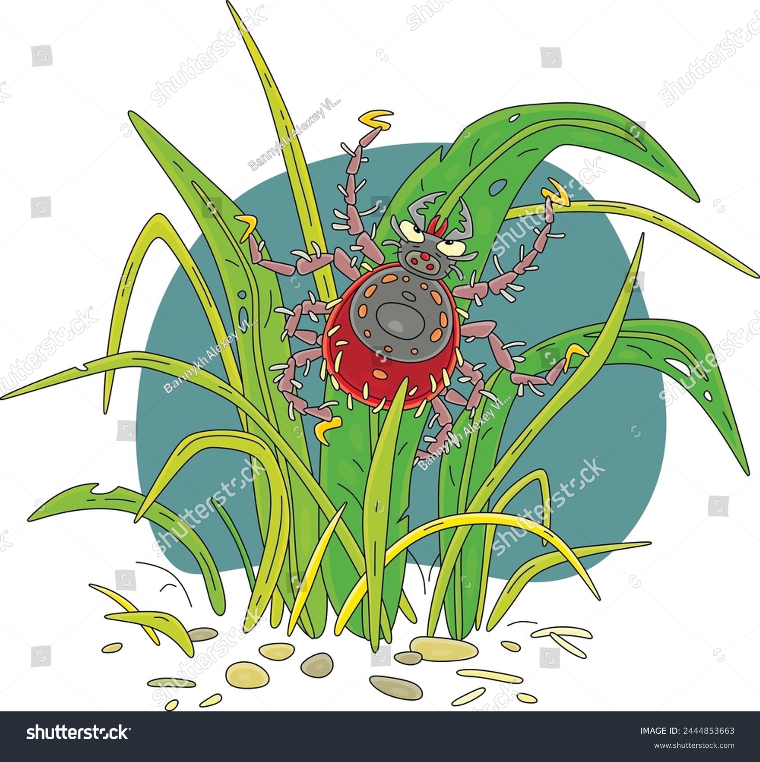 SVG of Ghastly and very dangerous bloodsucking tick hiding and hunting among leaves of grass in a summer forest, vector cartoon illustration on a white background svg