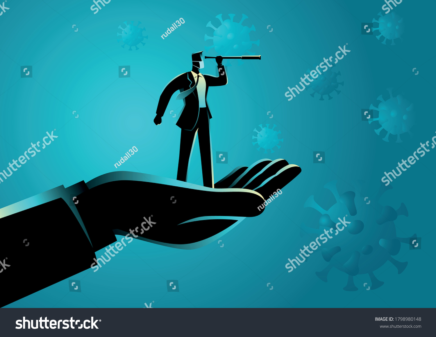 SVG of Giant hand lifting up a businessman using telescope with covid-19 viruses on the background. Covid-19 impacts to business, business vector illustration series svg