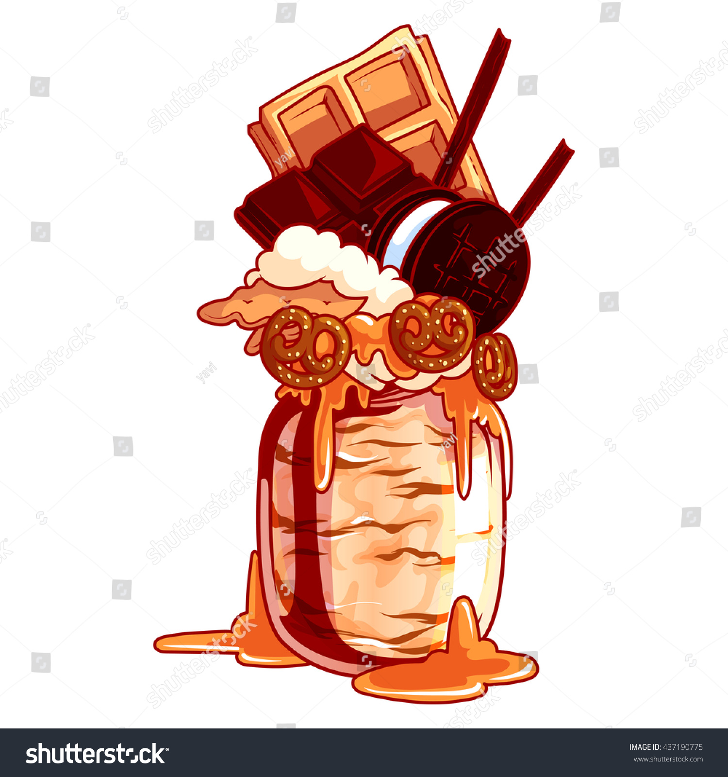 SVG of Giant milkshake with waffle, ice cream, chocolate, cookie and caramel. Monstershake in cocktail jar. Vector cartoon illustration isolated on a white background. svg