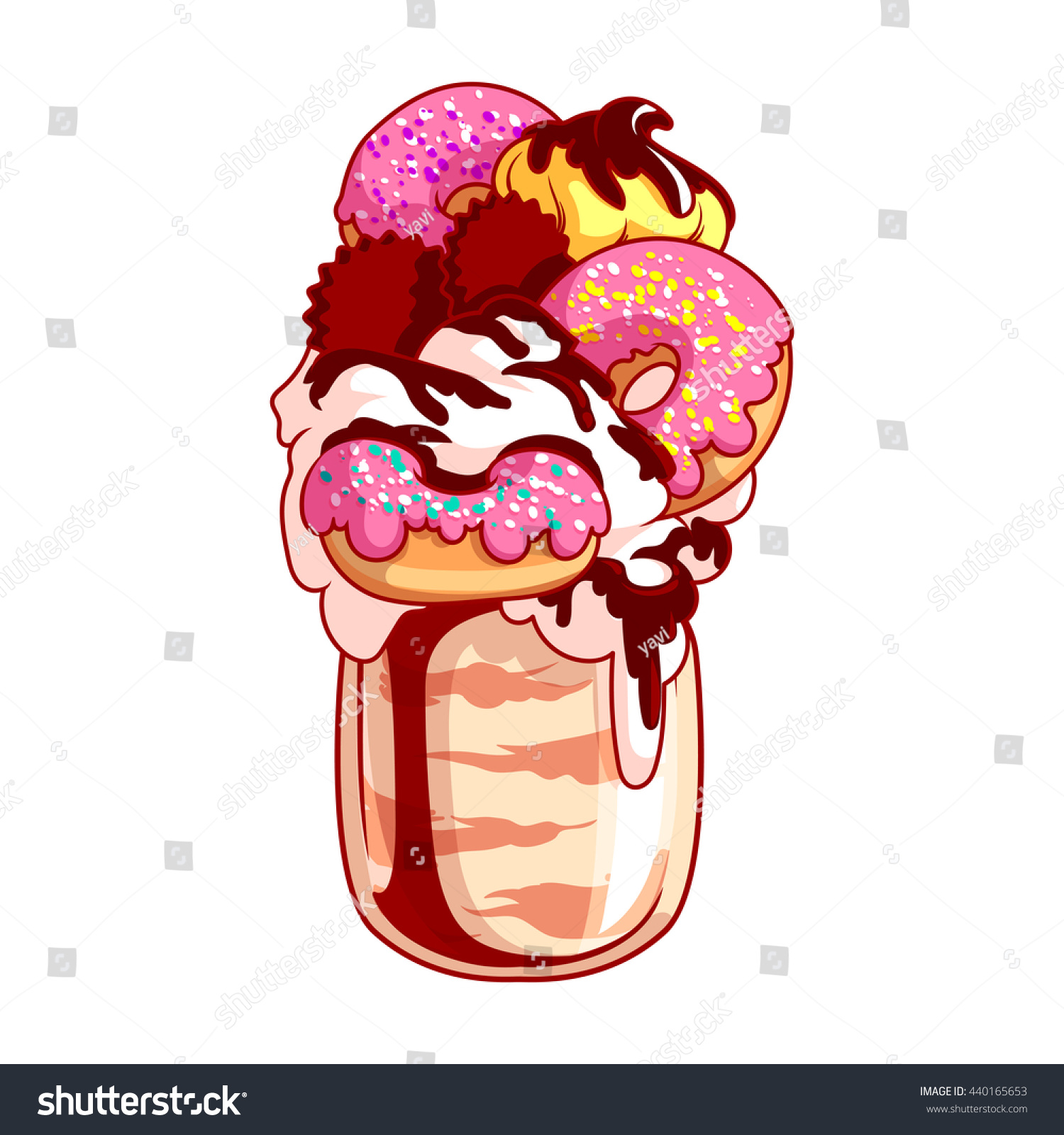 SVG of Giant milkshake with white donuts and cookies. Monstershake in cocktail jar. Vector cartoon illustration isolated on a white background. svg