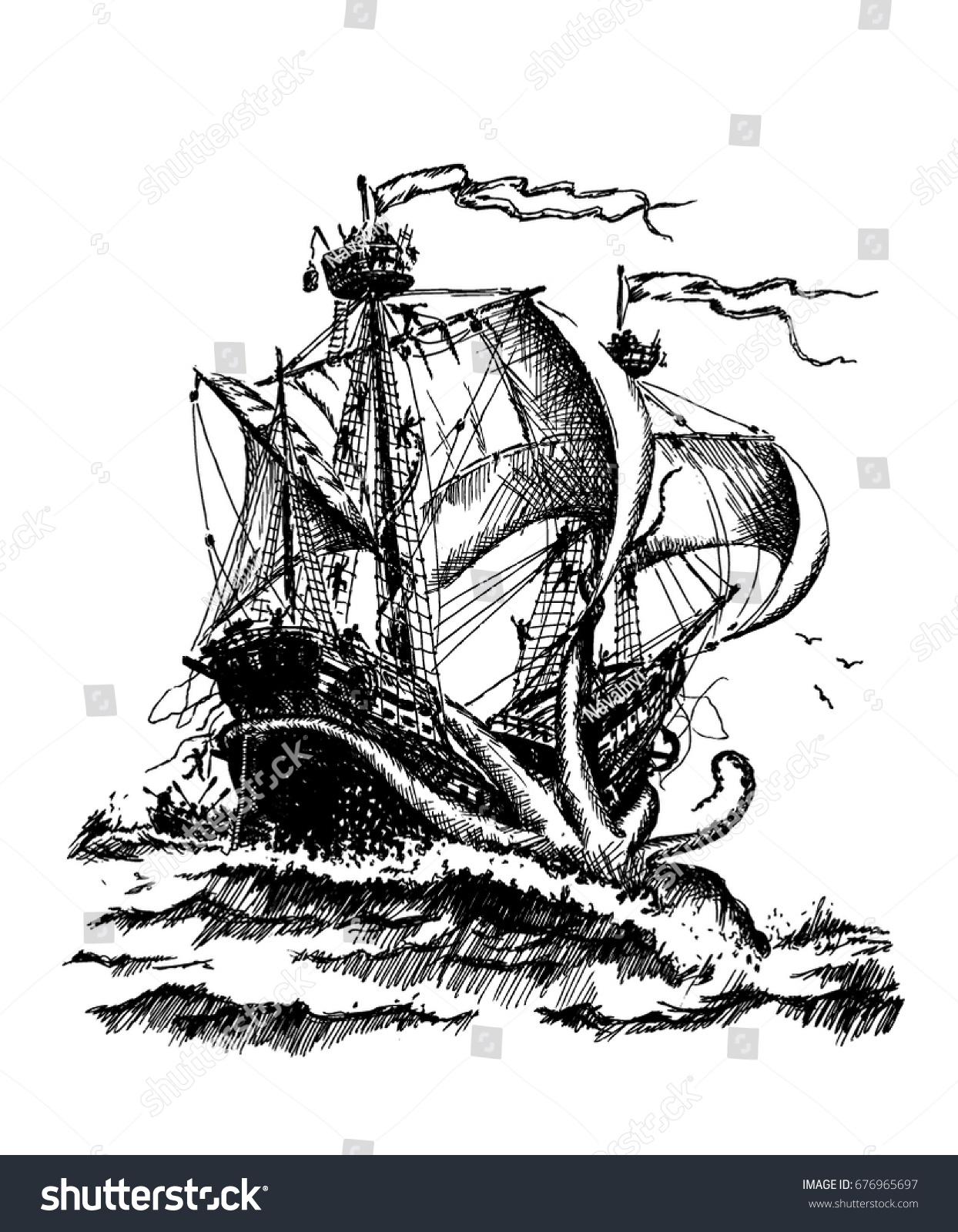 giant octopus attack vintage sailing ship stock vector