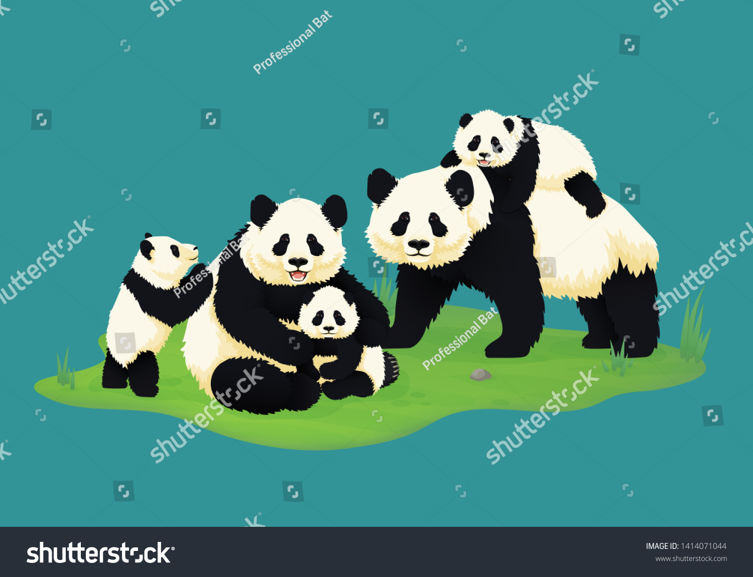 SVG of Giant panda family. Two adult pandas with three baby pandas. Chinese bears. Mother, father and children. Rare, vulnerable species. svg