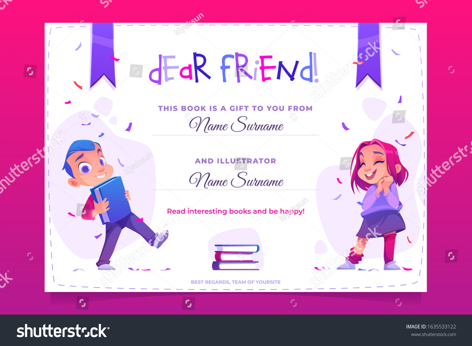 SVG of Gift book banner, present card to child. Creative flyer with schoolboy carry volume in hands, girl stand near stack of textbooks on bright background with confetti and bows Cartoon vector illustration svg