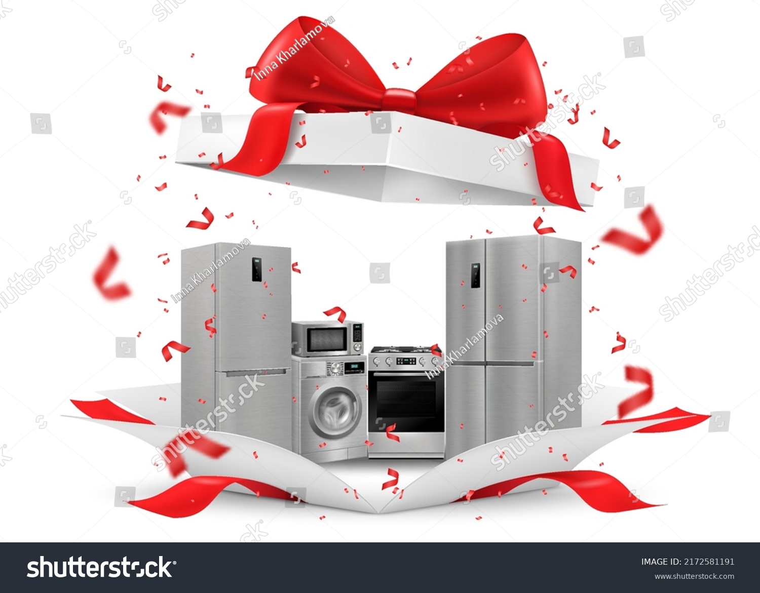 SVG of Gift concept, home appliances inside gift box. Refrigerator, microwave, food processor, TV, washing machine, gas stove, isolated on white background. 3D rendering. Realistic vector illustration svg