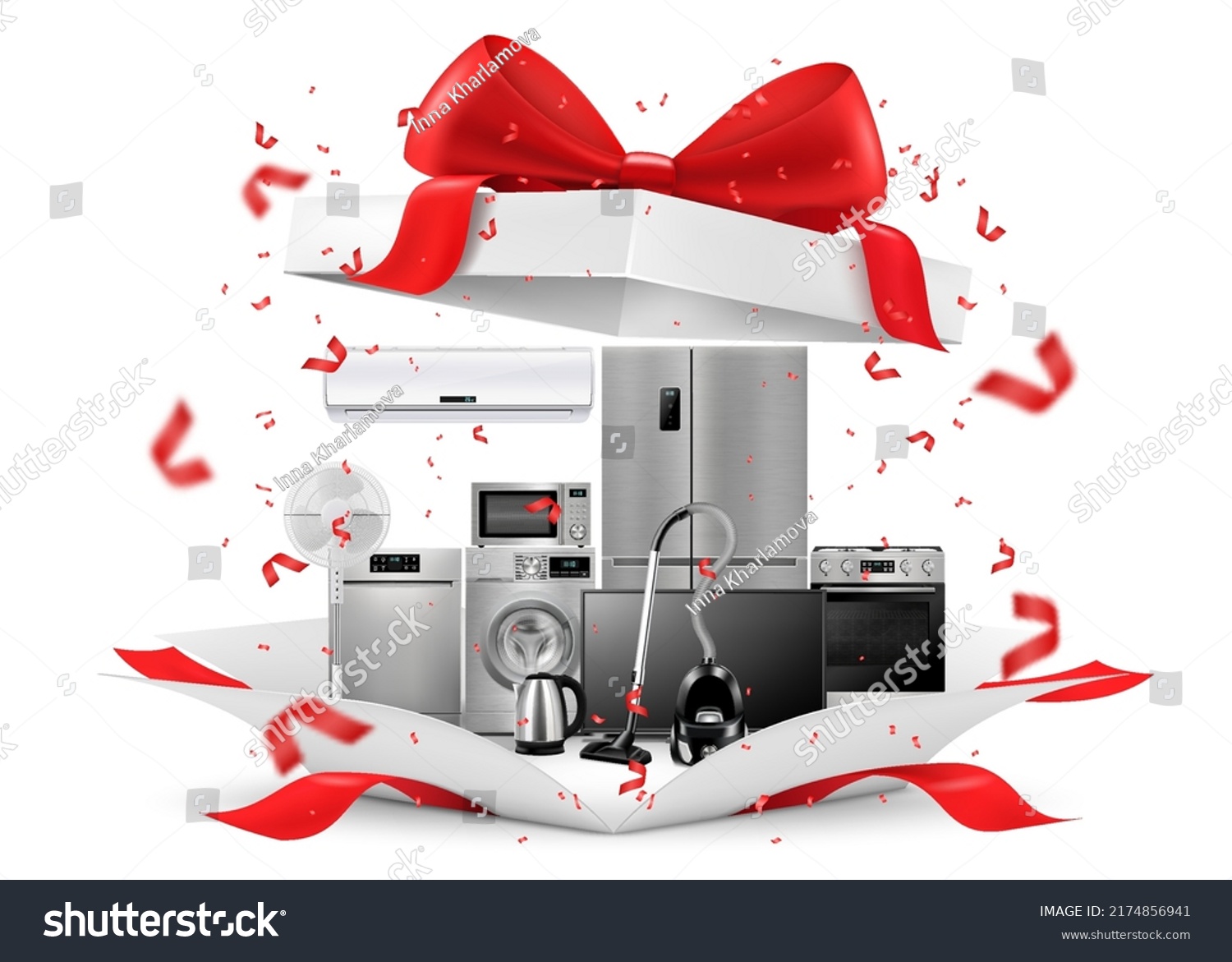SVG of Gift concept, home appliances inside gift box. Refrigerator, microwave, food processor, TV, washing machine, gas stove, isolated on white background. 3D rendering. Realistic vector illustration svg