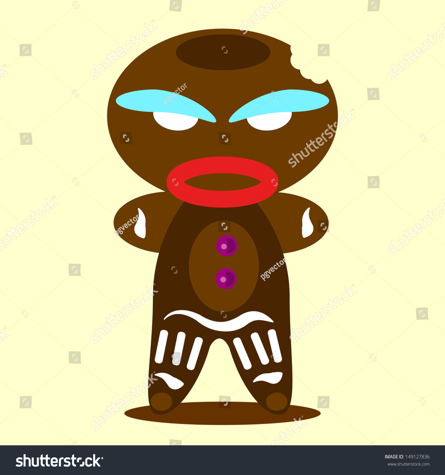SVG of gingerbread cookie monster, angry, on a yellow background. svg