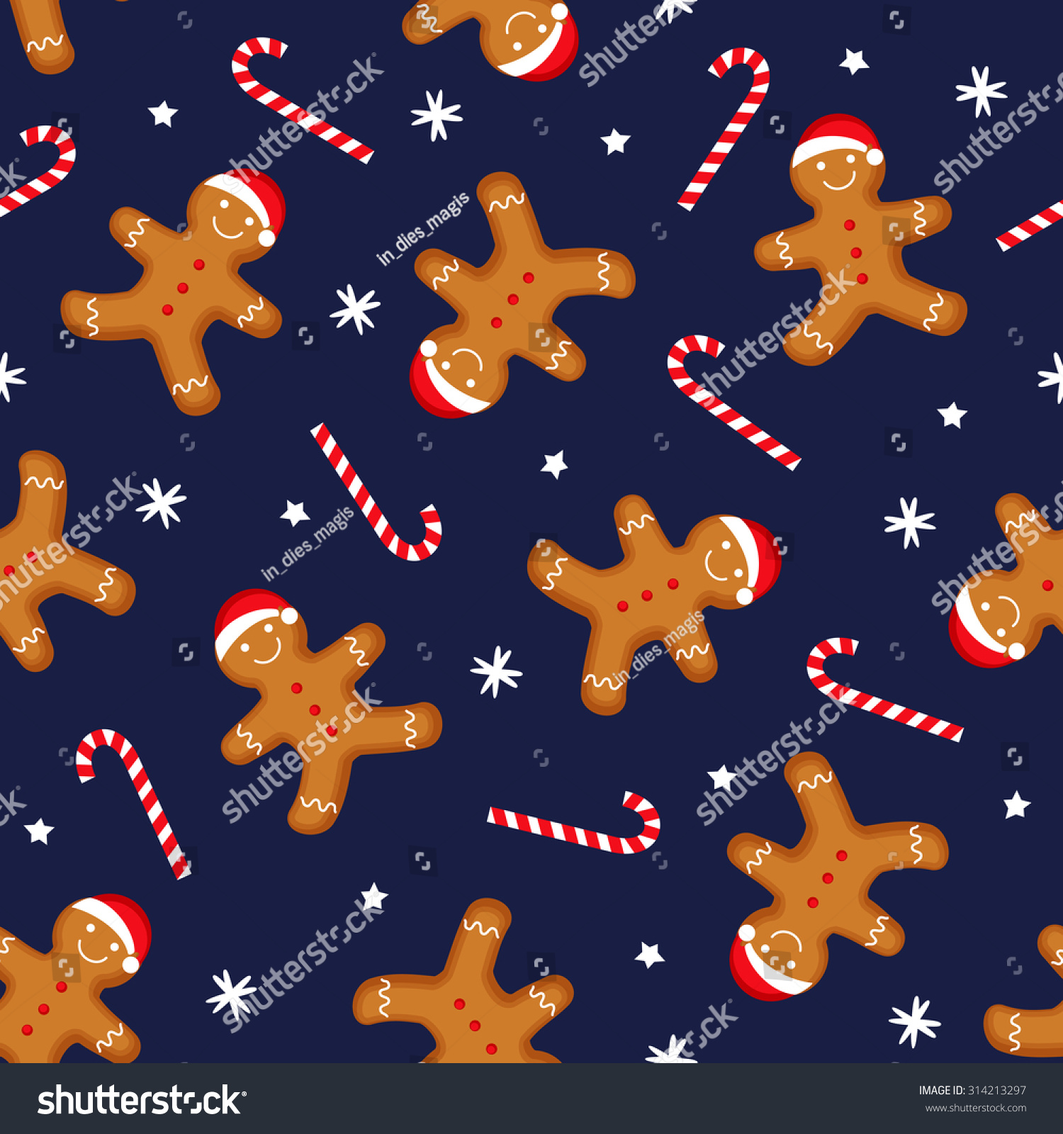 Gingerbread Man Is Decorated In Xmas Hat And Candy Cane On Dark Blue ...