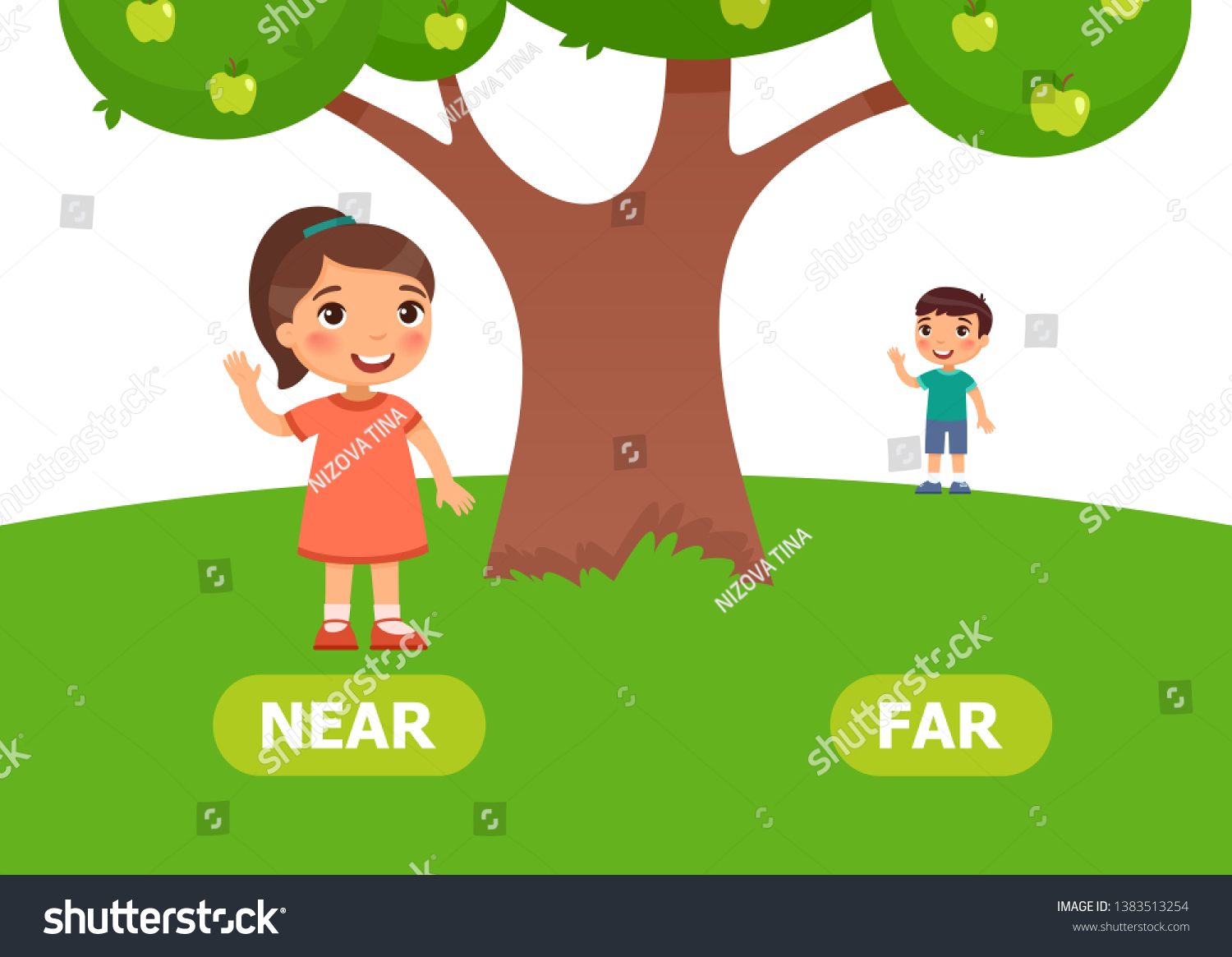 Stock Vector Gir Stands Near And Boy Stands Far Antonyms Word Card Vector Template Flashcard For English 1383513254 