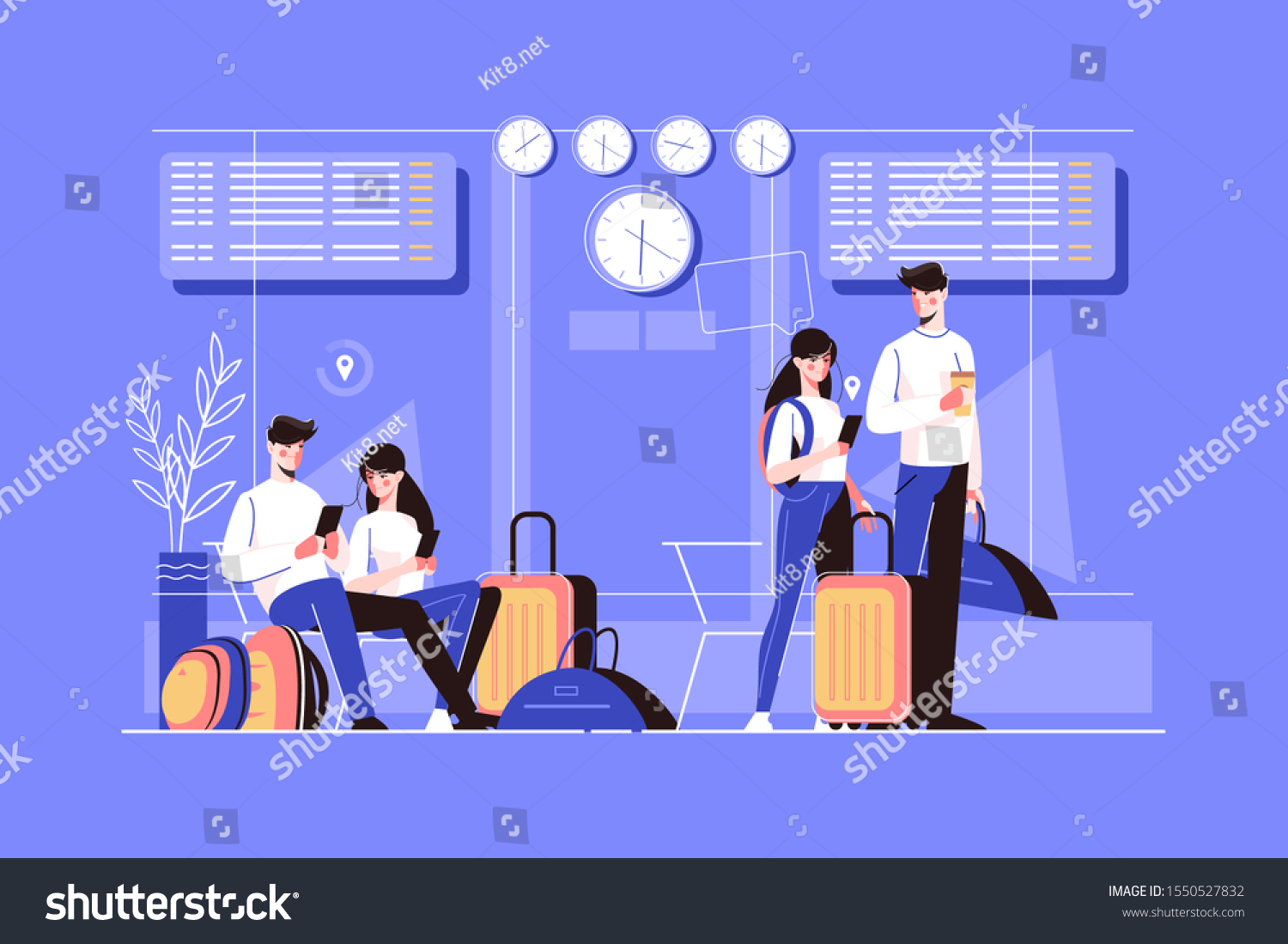 空港のラウンジにいる少女と少年のベクターイラスト 異なるポーズの観光客キャラクター 座って待ち受け 荷物と一緒に飛行機に乗る人 飛行機のフラットなデザイン のベクター画像素材 ロイヤリティフリー
