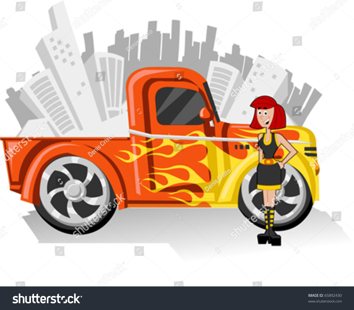 SVG of Girl and Orange Pickup truck with bright yellow fire svg