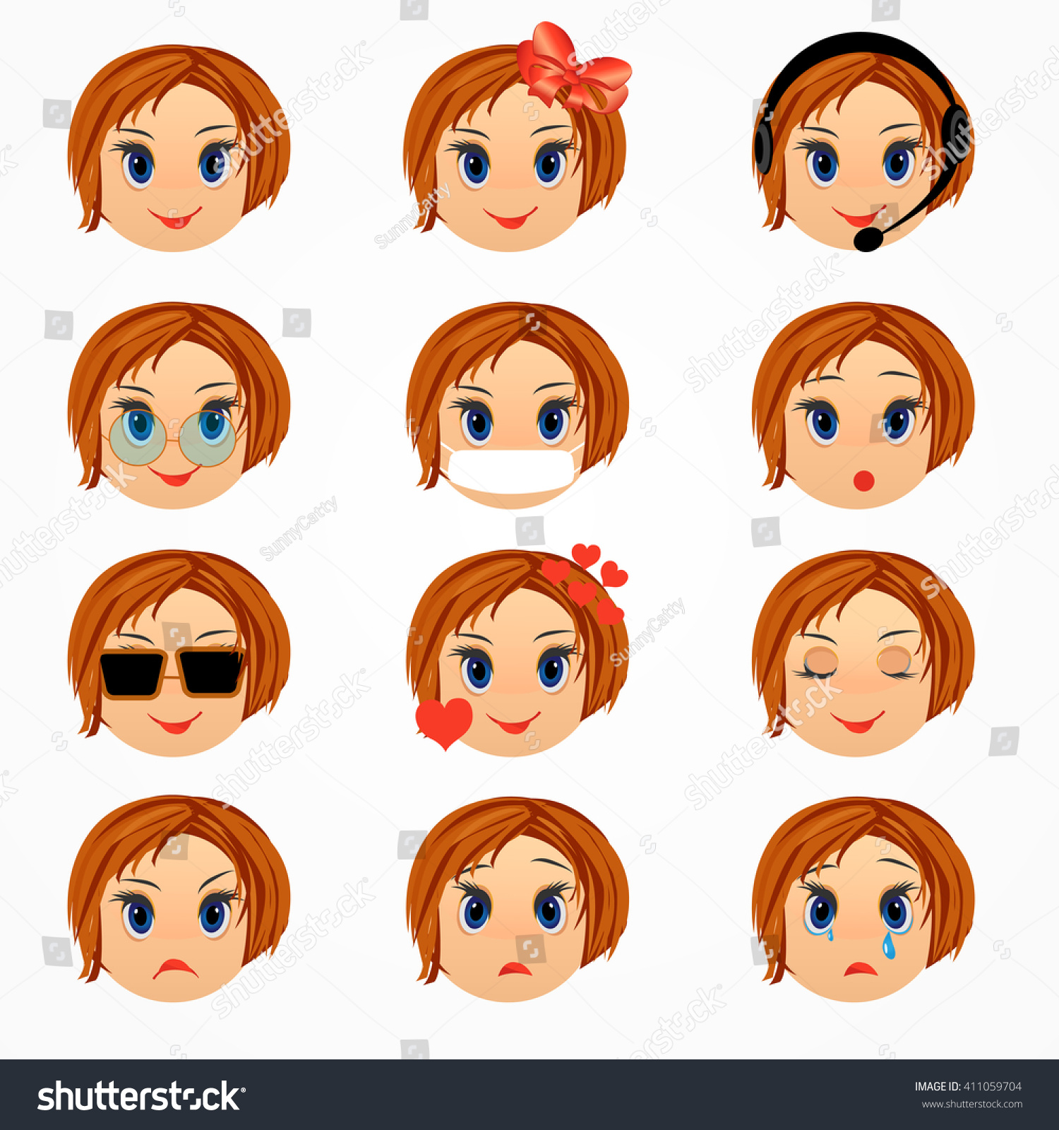 Girl Emotions Face Set. Emoticon Smiley Faces. Vector Cartoon ...