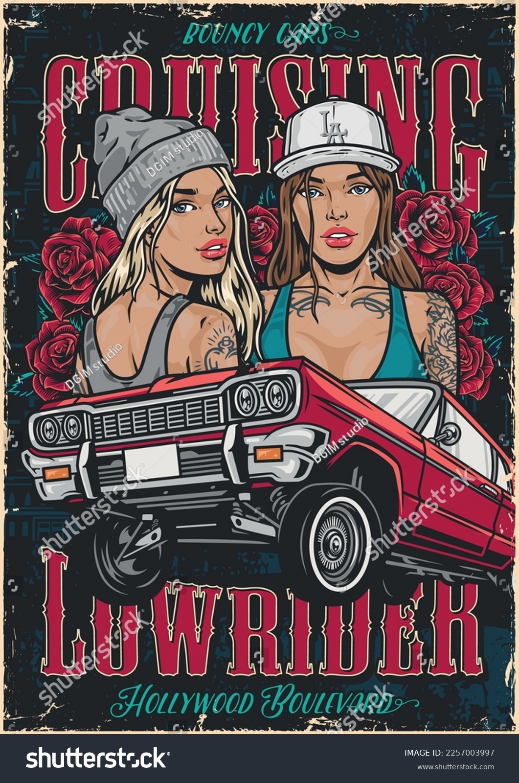 SVG of Girl friends lowriders colorful poster retro car near two hot woman inviting to car festival in Hollywood vector illustration svg