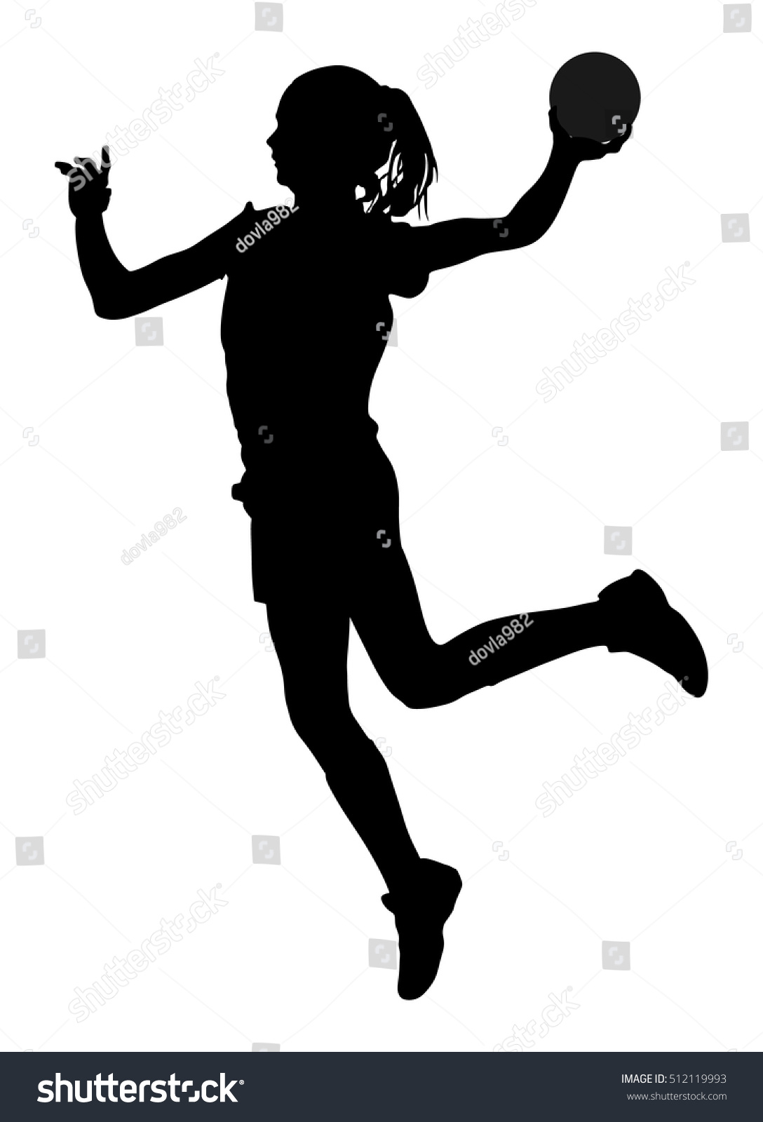 白い背景にアクションベクターシルエットイラストのハンドボールプレーヤー 女性のハンドボールプレーヤーのシンボル 飛び上がるハンドボールの女の子 のベクター画像素材 ロイヤリティフリー
