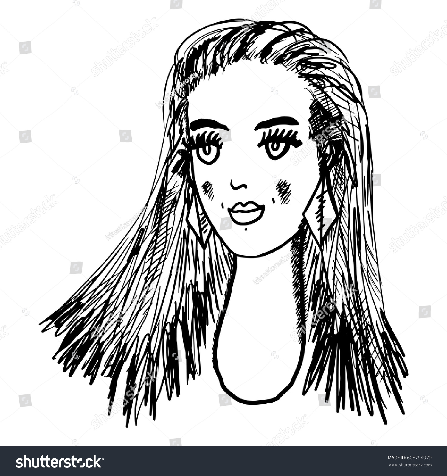 Girl Head Big Eyes Long Hair Stock Vector Royalty Free 608794979