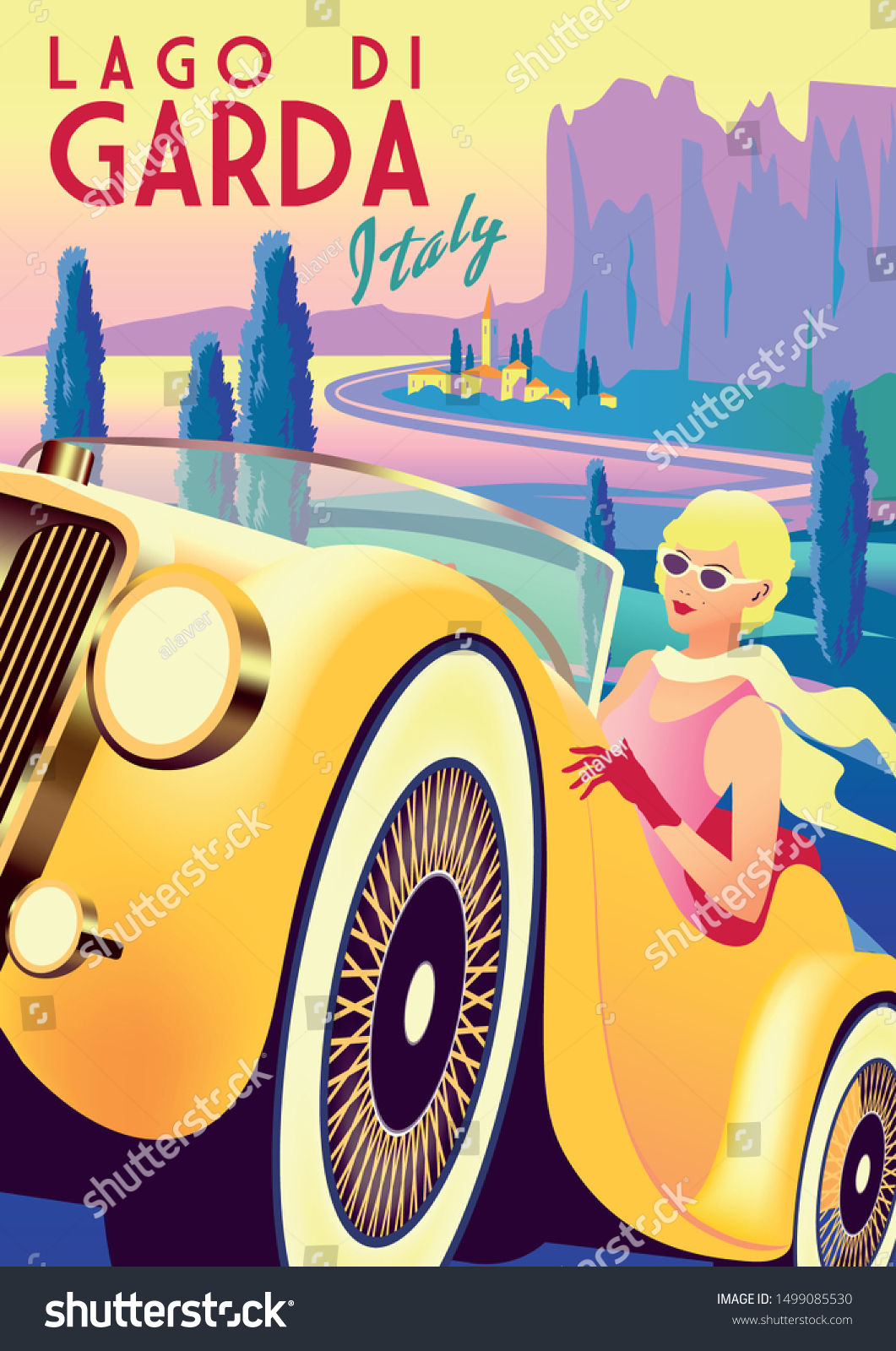 SVG of Girl in a retro car with lake, cypress trees, mountains and a small town in the background. Handmade drawing vector illustration. Art Deco retro poster. svg