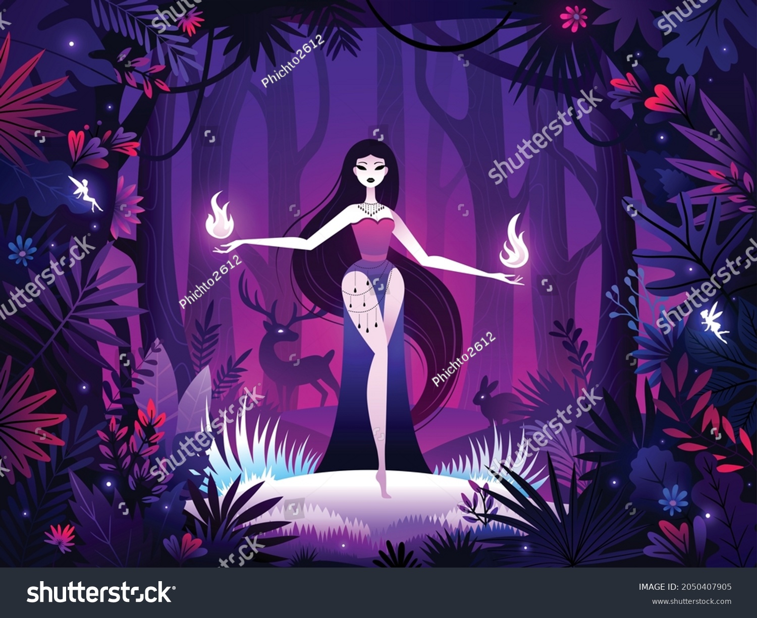 Girl Deep Forest Goddess Jungle Leaves Stock Vector Royalty Free 2050407905