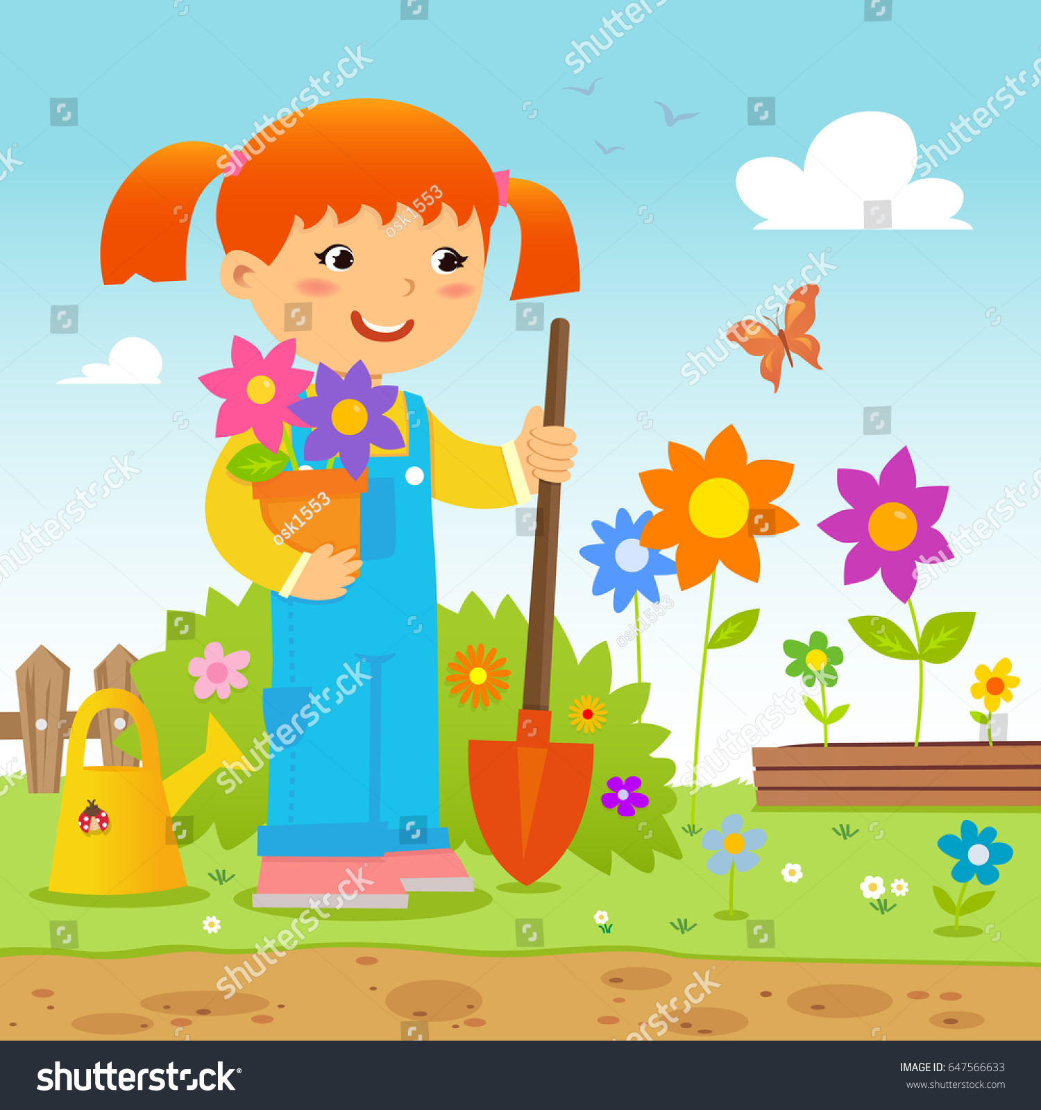 Girl Planting Flowers Garden Stock Vector 647566633 - Shutterstock