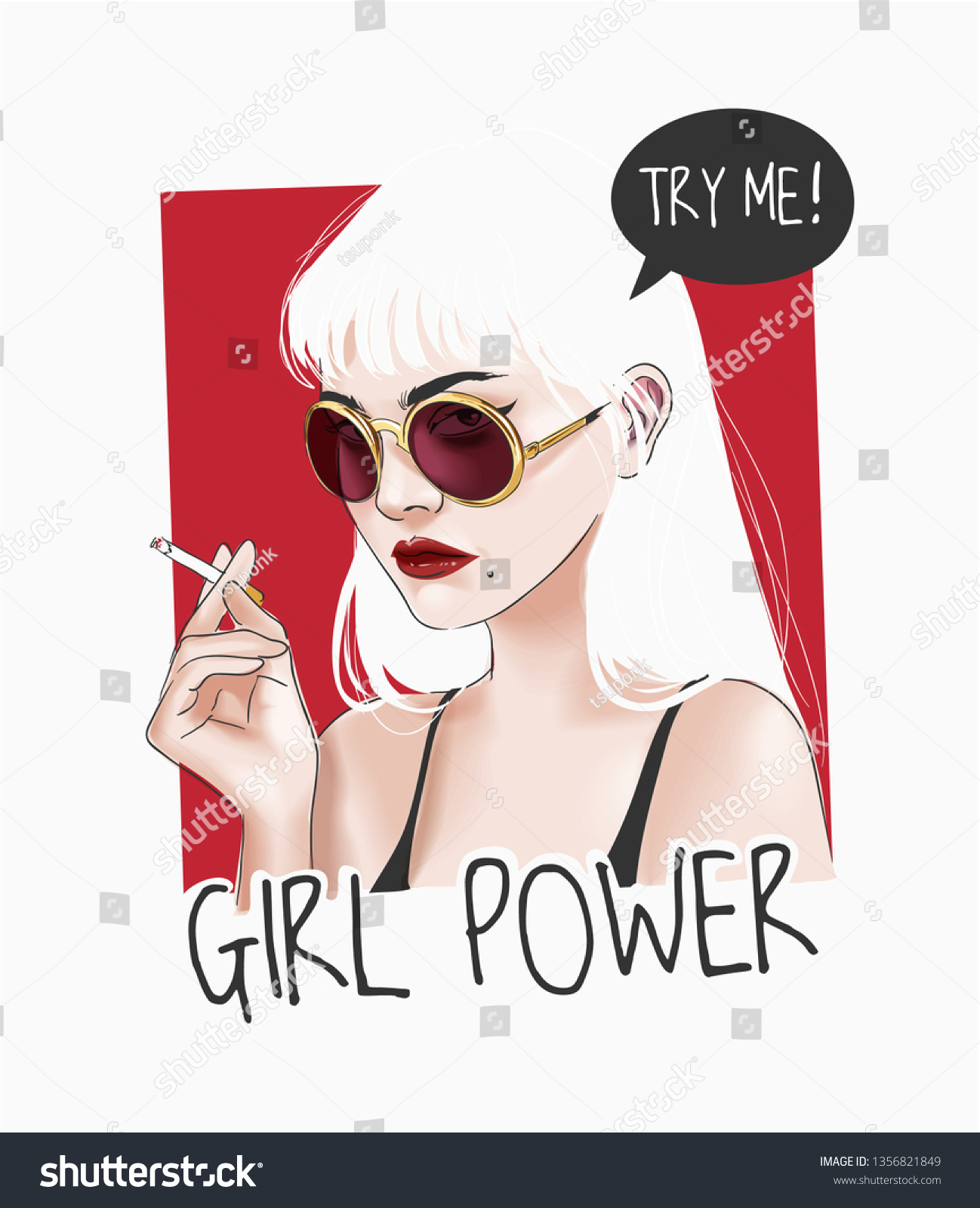 サングラスをかけた女の子がタバコのイラストを持つ女の子の力のスローガン のベクター画像素材 ロイヤリティフリー
