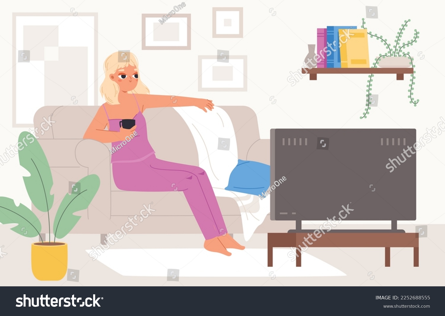 SVG of Girl relax at home, sitting with coffee mug on couch and watch tv show or movie. Holidays or weekend, evening after work or study, snugly vector scene svg