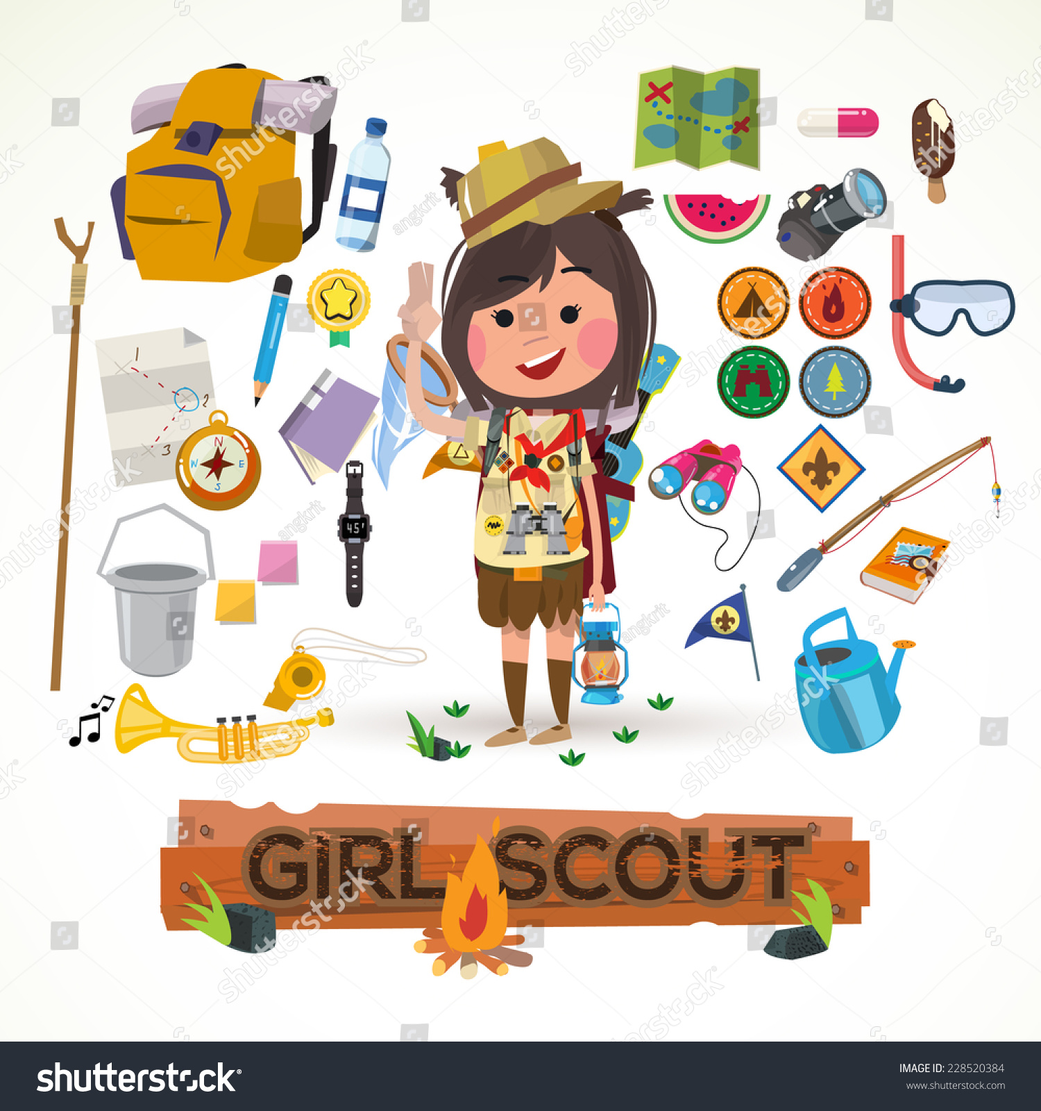 Girl Scout Character Camping Equipment Camping Stock Vector Royalty Free 228520384 8584