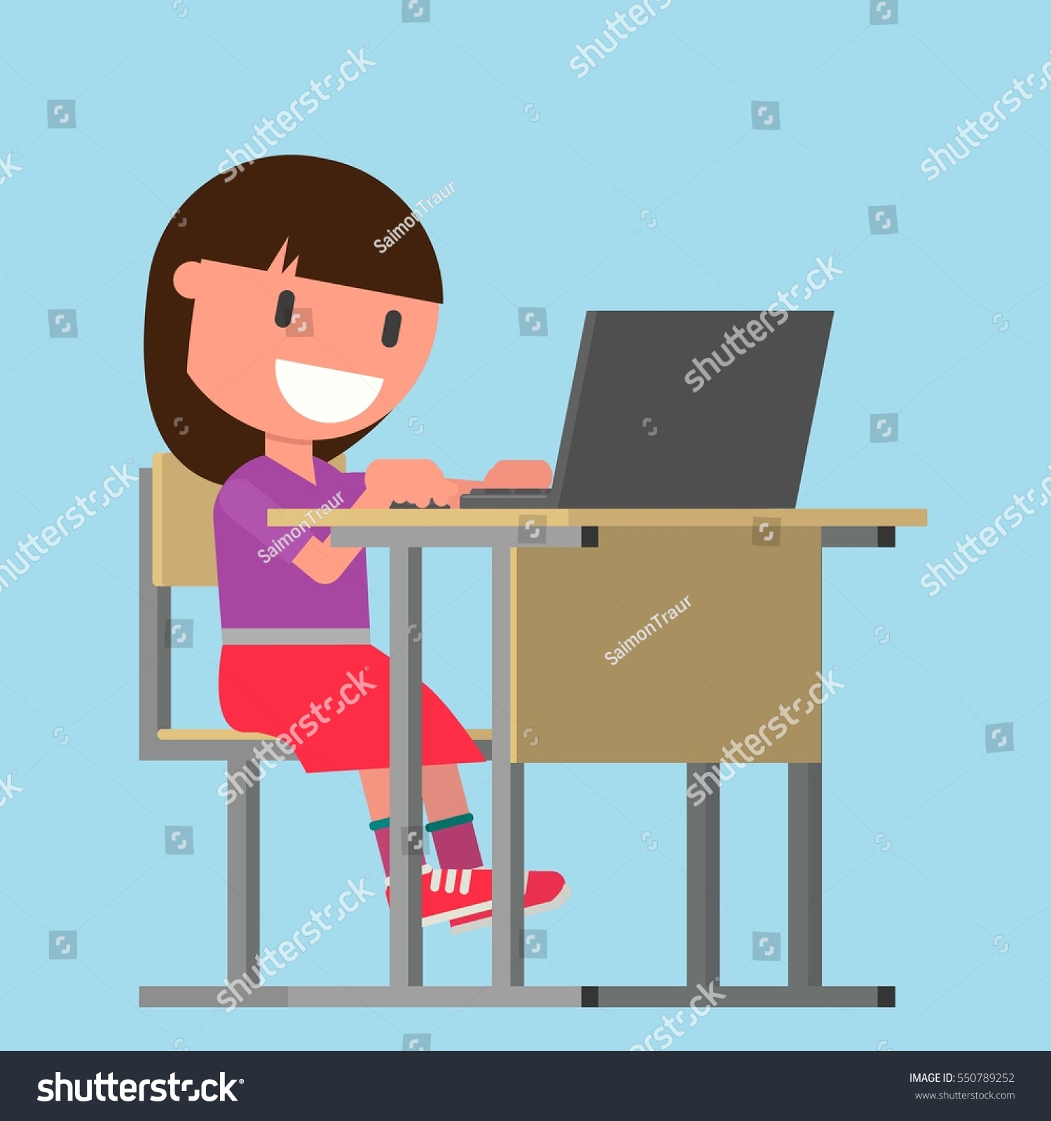 Girl Sitting School Desk Using Computer Stock Vector 550789252 ...