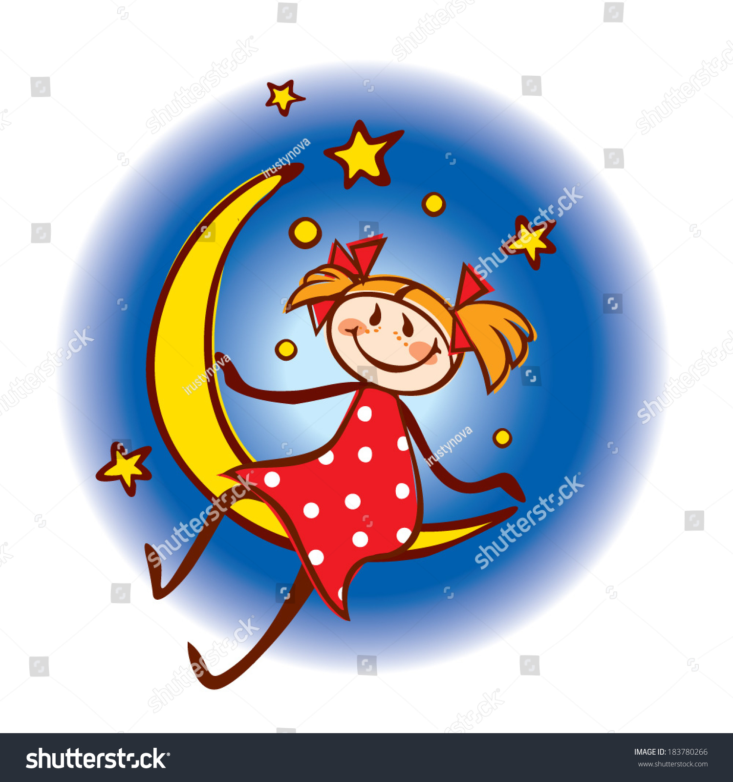 SVG of Girl sitting on the month in the red dress with white polka dots, dangling his feet, against the dark sky and stars. svg
