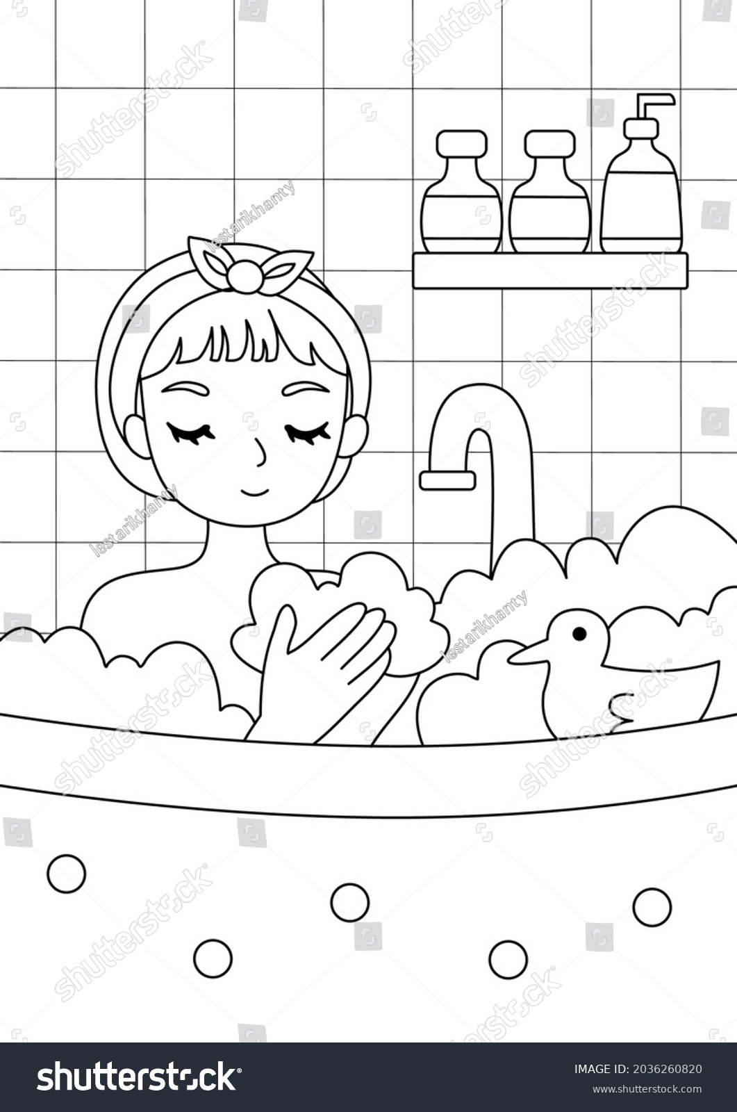 Girl Taking Bath Coloring Page Stock Vector Royalty Free 2036260820 