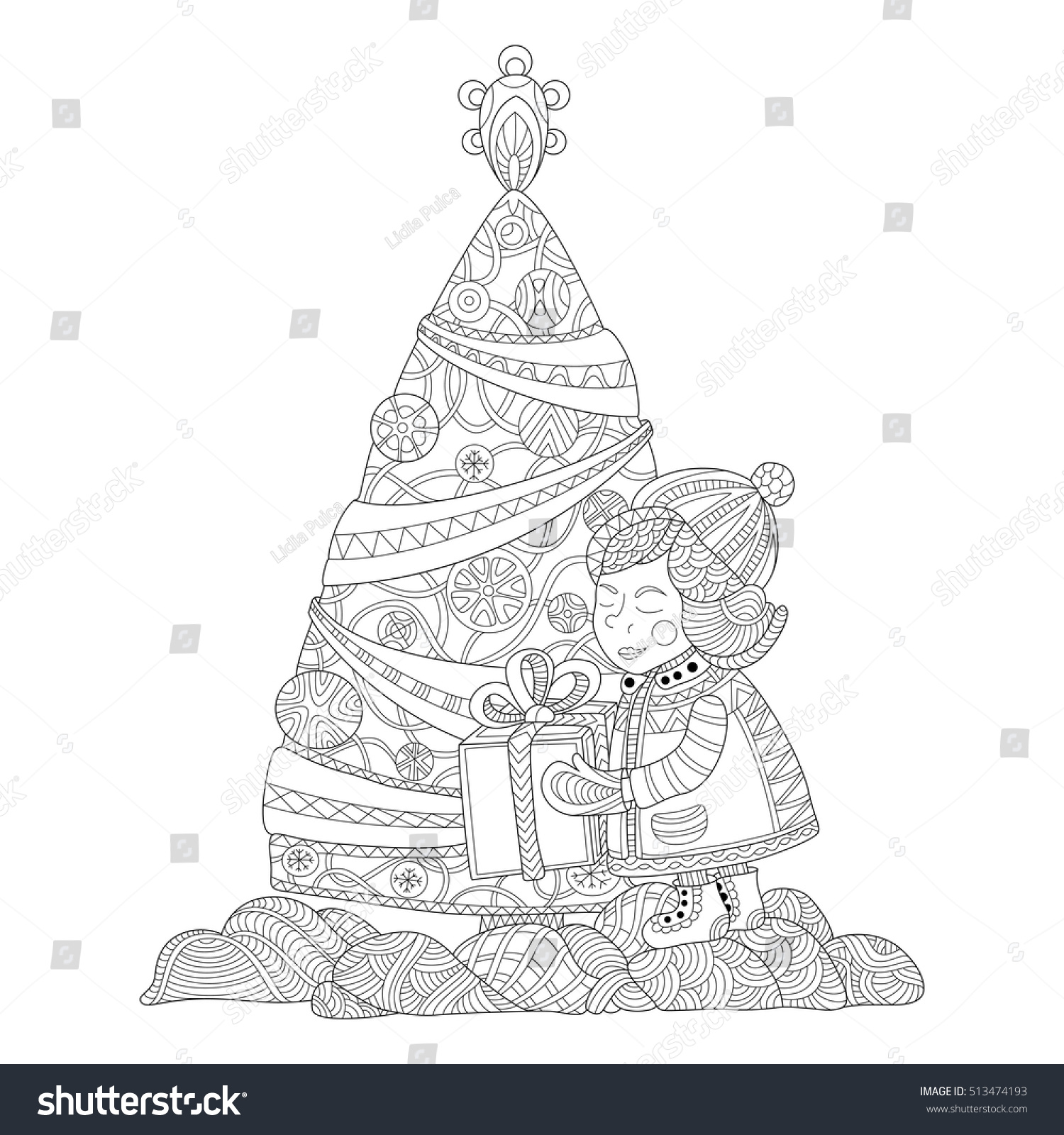 Girl unwrapping Christmas ts coloring page in zentangle style