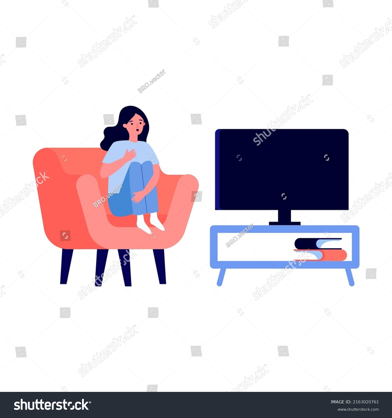 Girl Watching Scary Movie Flat Vector Stock Vector (Royalty Free ...