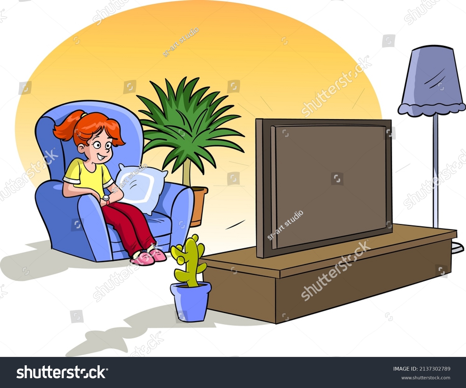 Girl Watching Tv Living Room Vector Stock Vector (royalty Free 