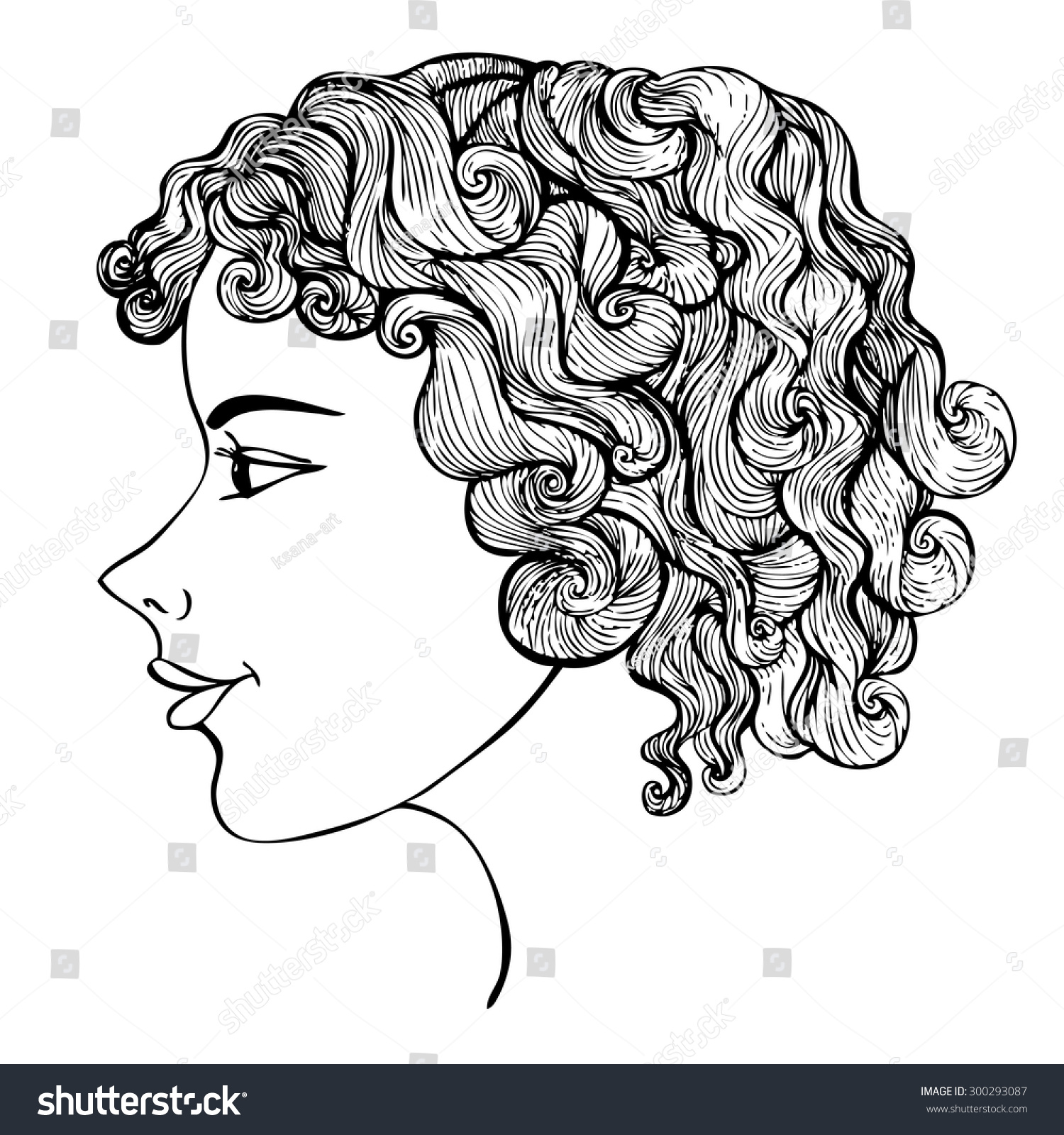 Girl With Curly Hair Ink Drawing. Hand Drawn Sketch With Head Of Young ...