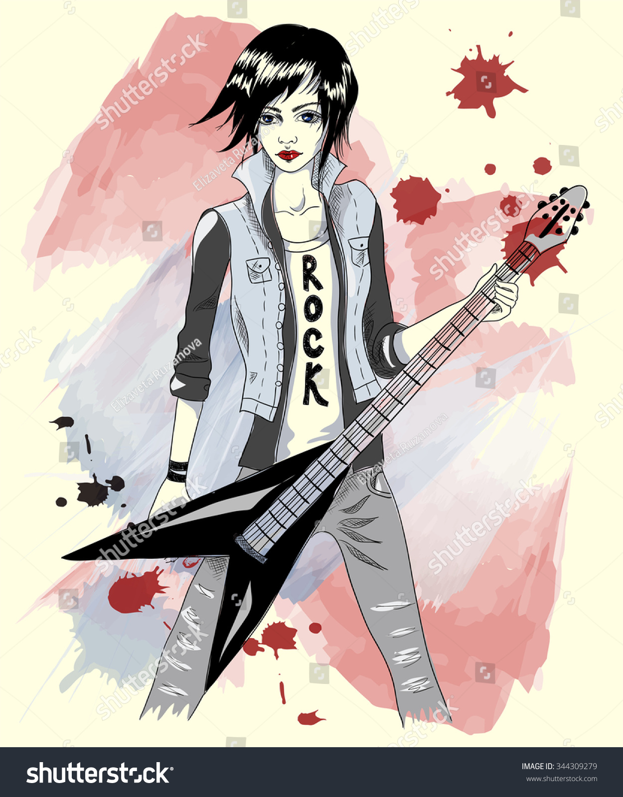 Girl Electric Guitar Musician Rocker Singer Stock Vector Royalty Free 344309279