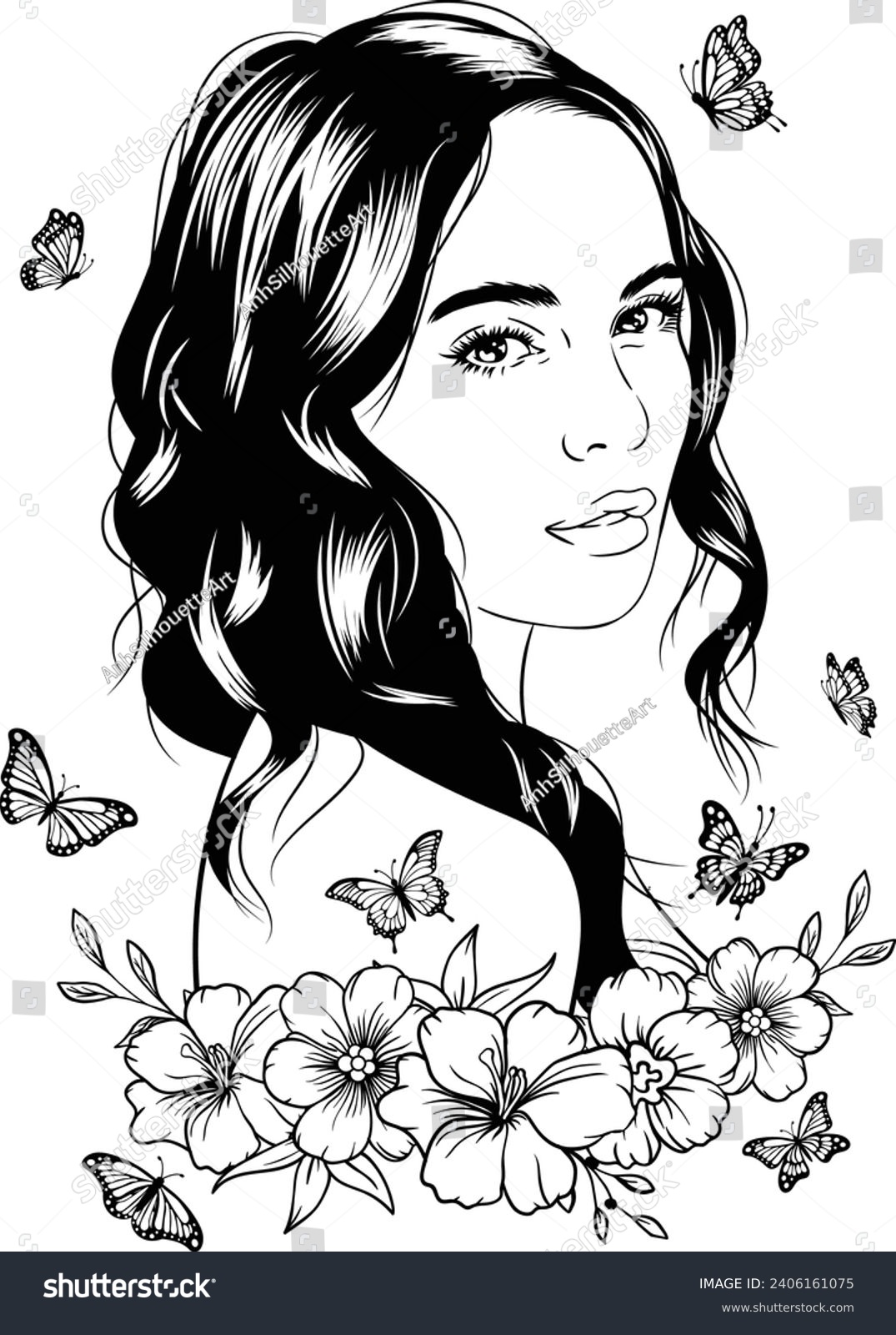 SVG of Girl with flowers, Floral woman, Beautiful girl with flowers, Girl And Butterflies, Wildflowers, Girl butterfly svg