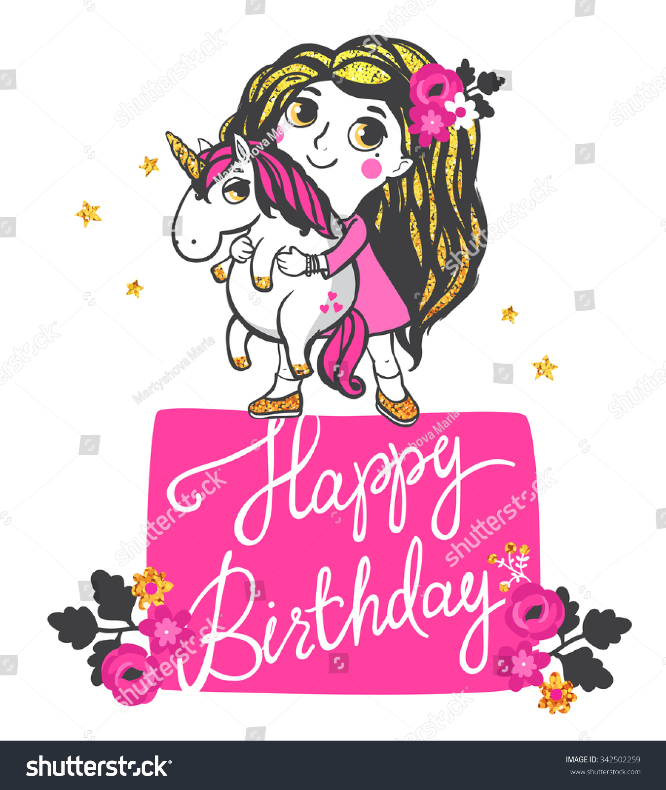 Girl Gold Glitter Hair Pink Unicorn Stock Vector Royalty Free