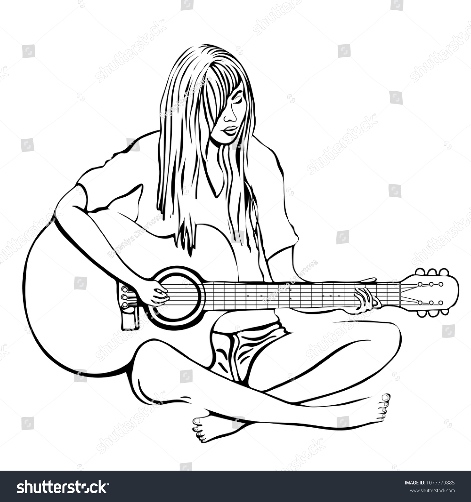 Girl Guitar Outline Hand Drawing Coloring Stock Vector (Royalty Free ...