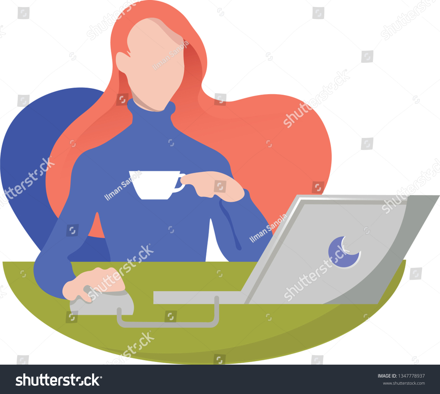 Girl Orange Hair Sitting Desk Laptop Stock Vector Royalty Free