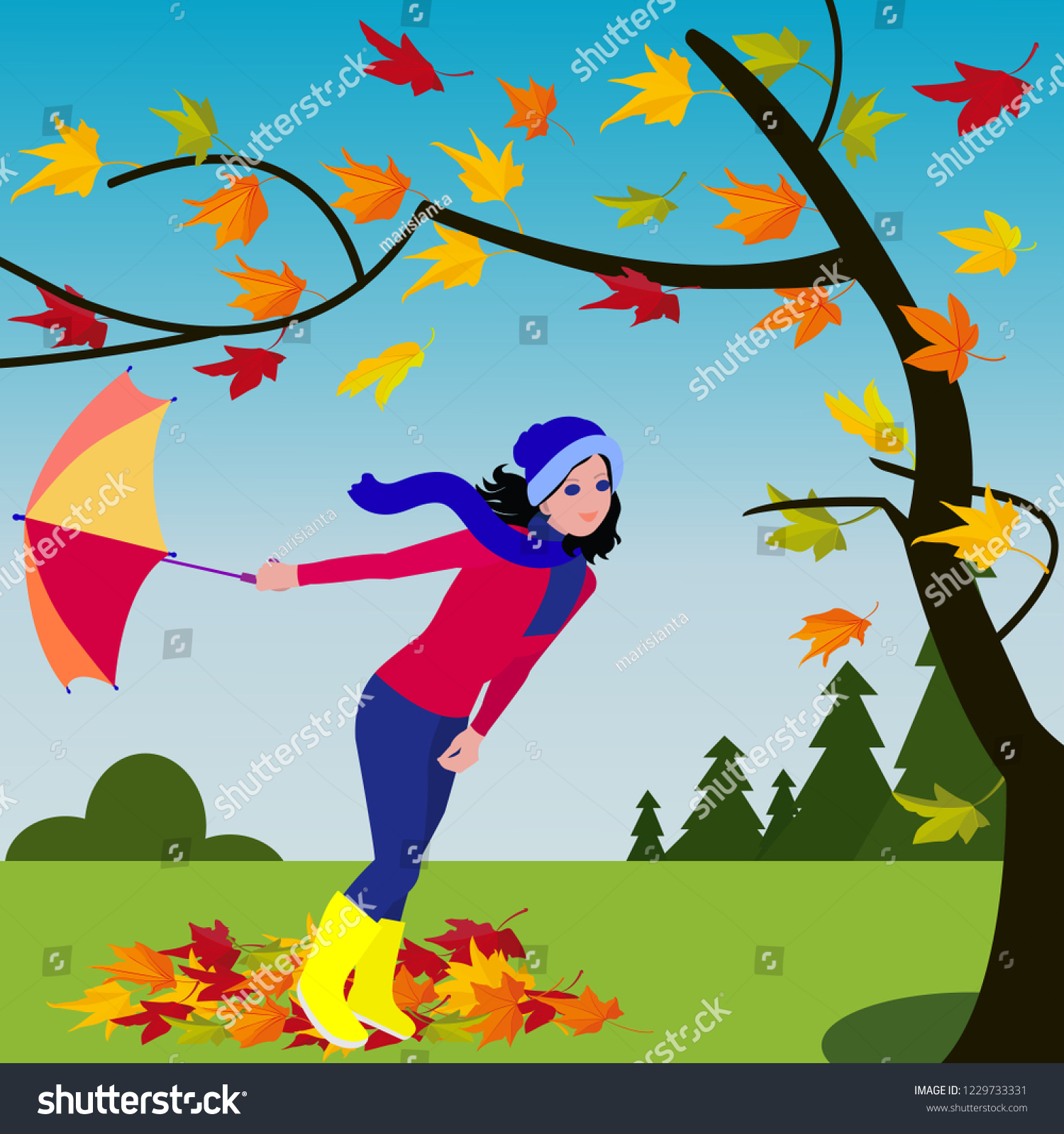 Girl Umbrella Windy Weather Near Autumn Stock Vector Royalty Free