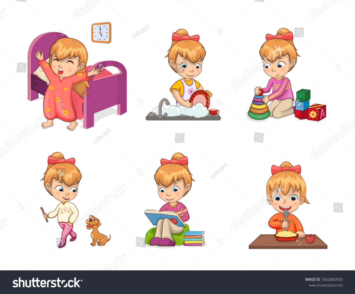 Girls Activities Collection Helping Chores Playing Stock Vector ...