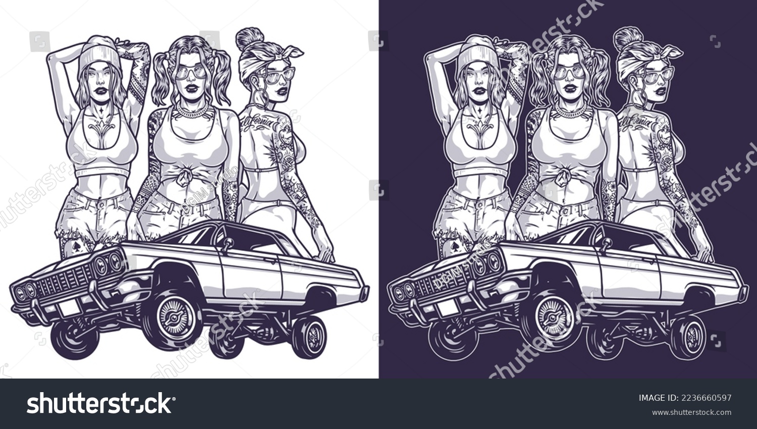 SVG of Girls and car monochrome element lowriding concept with tattooed female models in seductive clothes or bikini and automobile vector illustration svg