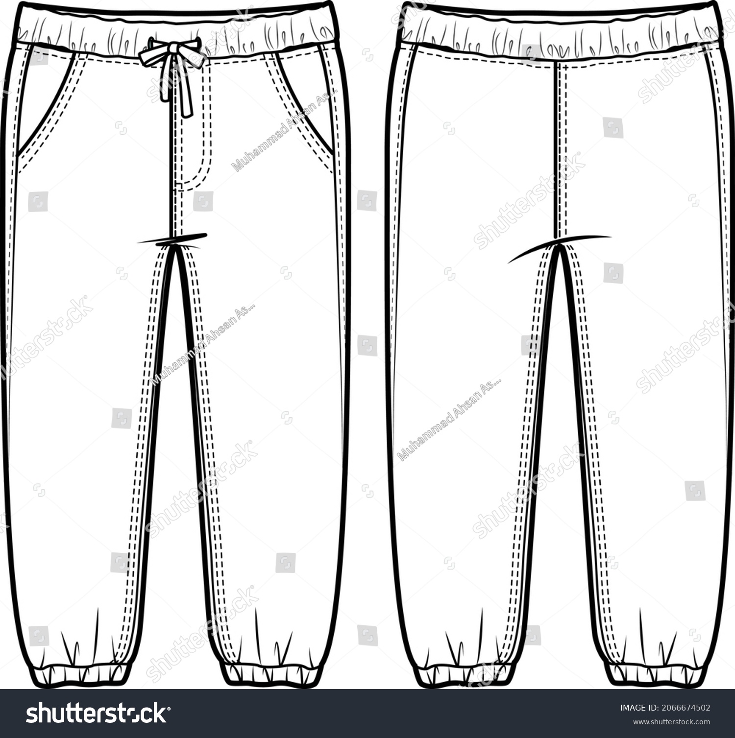 Girls Teens Woven Joggers Flat Sketch Stock Vector (Royalty Free ...